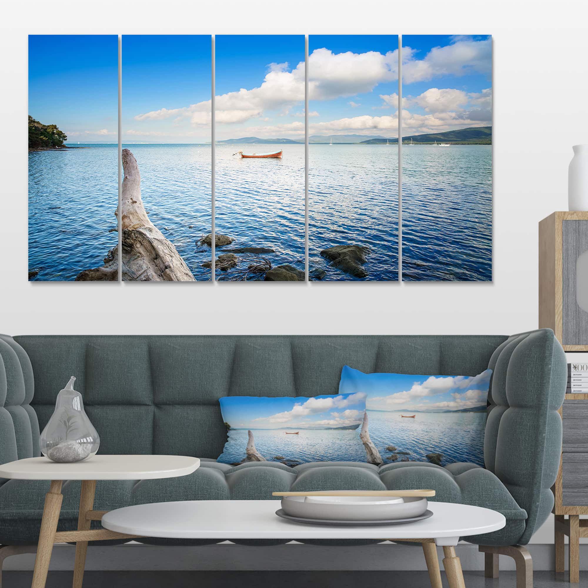 Designart - Small Wooden Boat and Tree Trunk - Extra Large Seashore Canvas Art