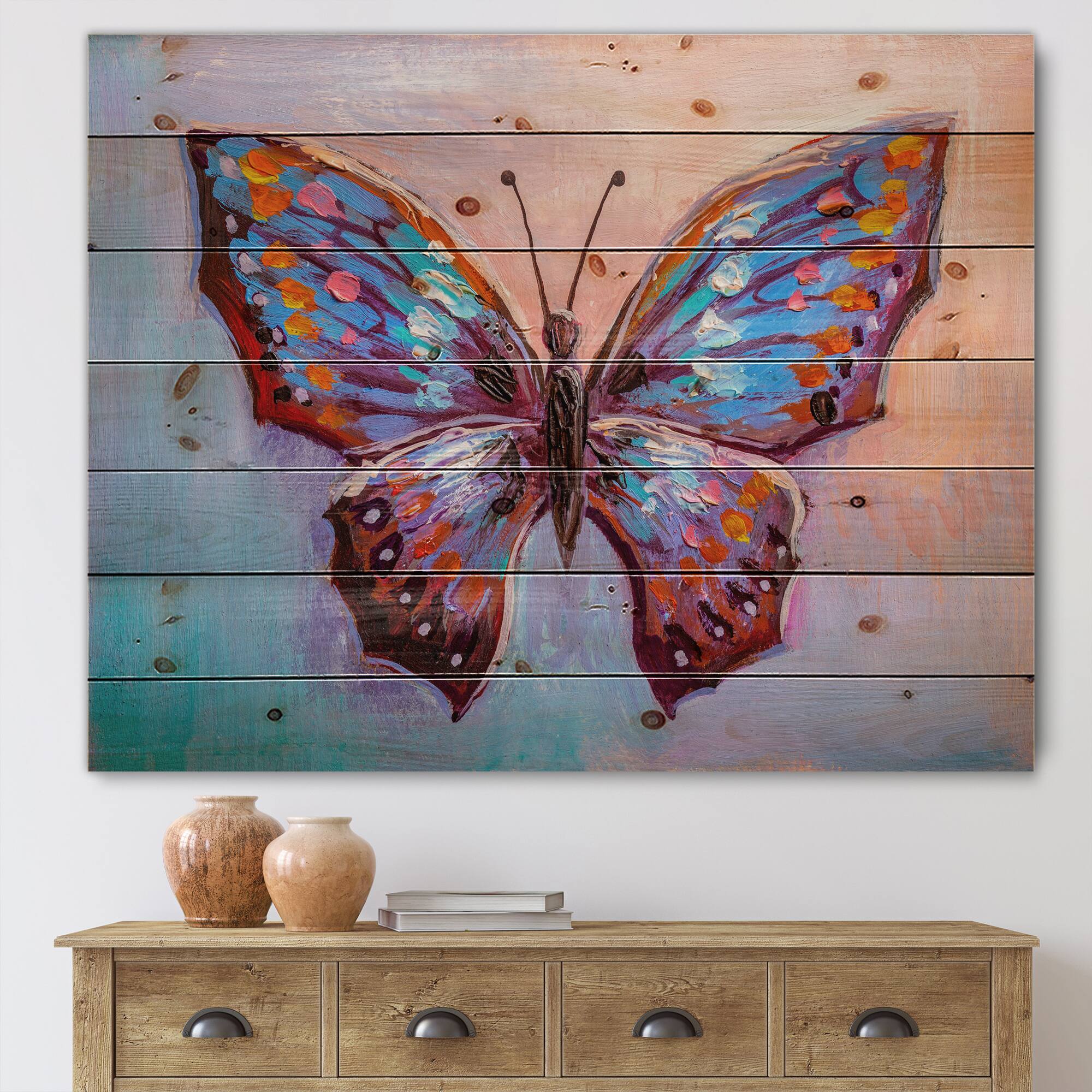 Designart - Vintage Blue Butterfly II - Modern Print on Natural Pine Wood