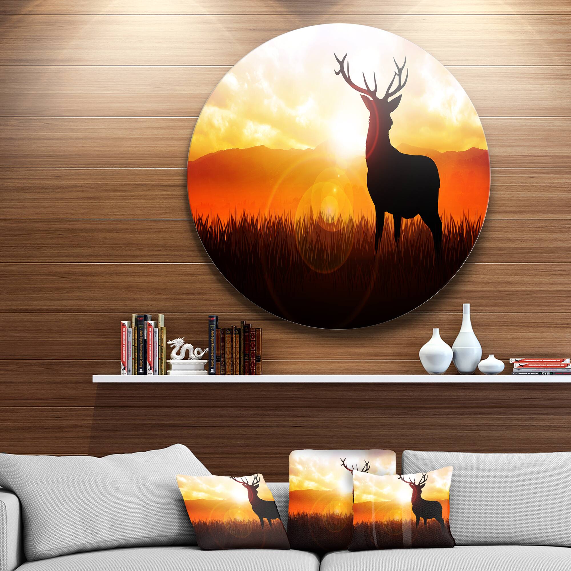 Designart - Deer on Meadow During Sunrise' Disc Animal Metal Circle Wall Art