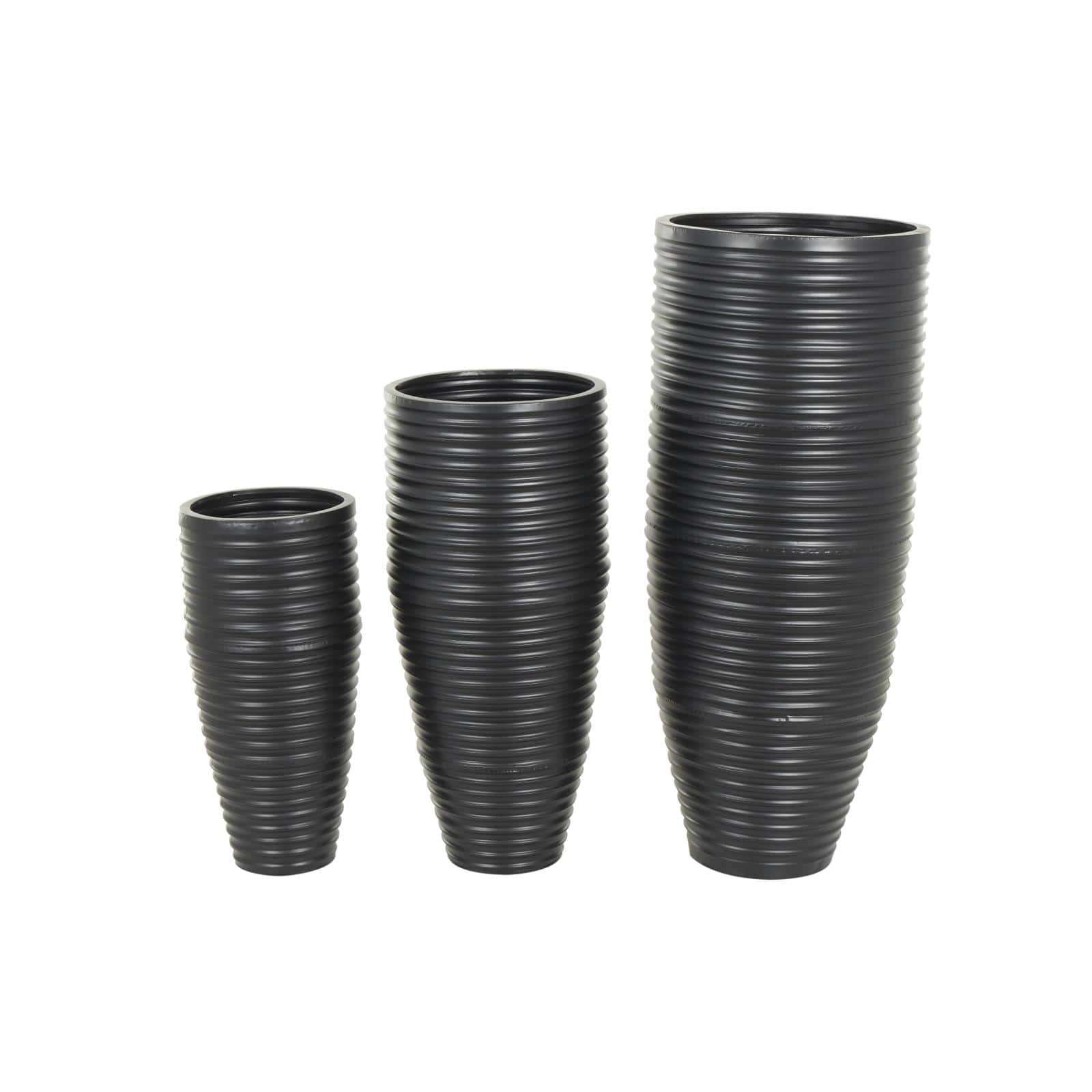 Black Ribbed Floor Metal Vase Set with Horizontal Grooves