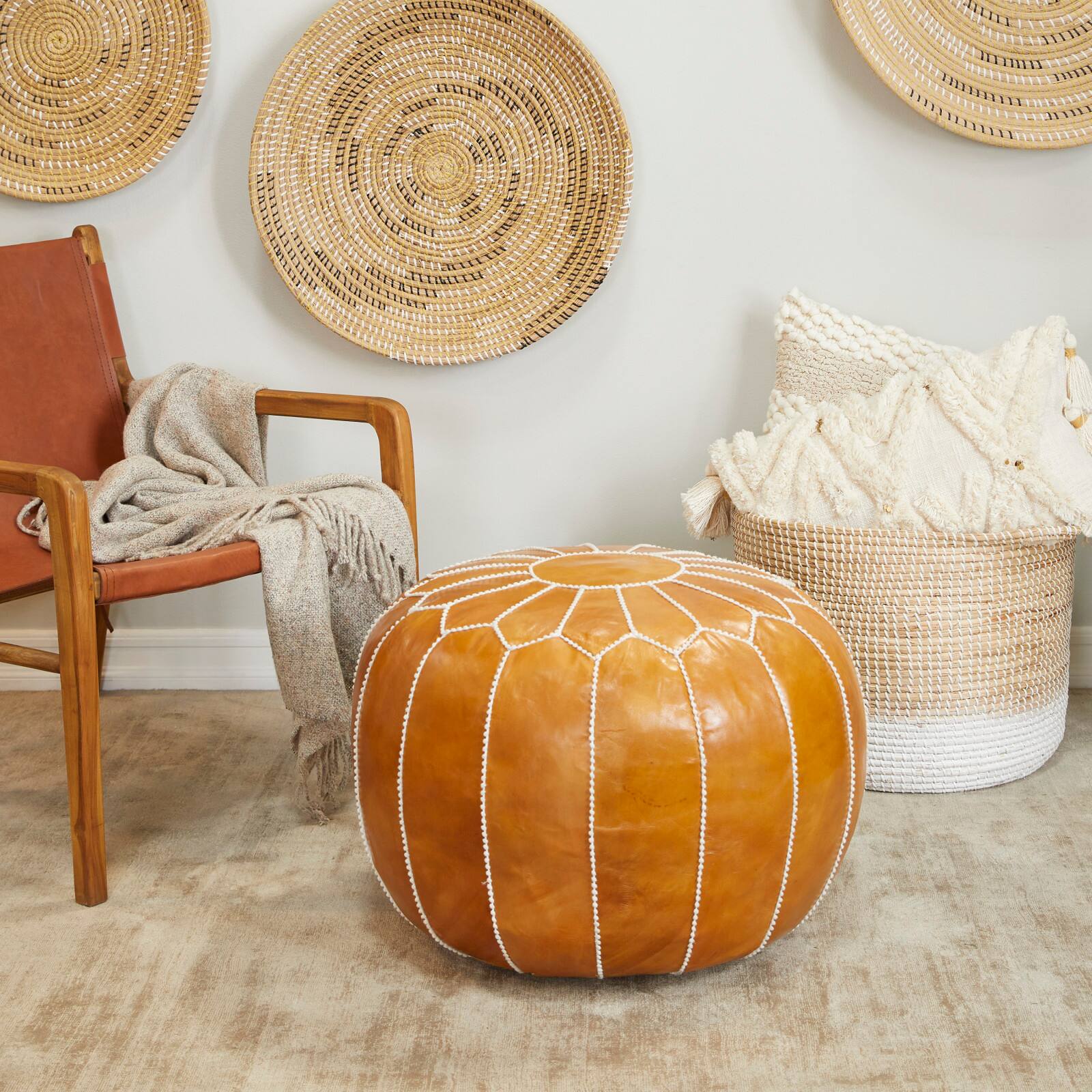 Light Brown Leather Bohemian Pouf, 24&#x22; x 24&#x22; x 18&#x22;