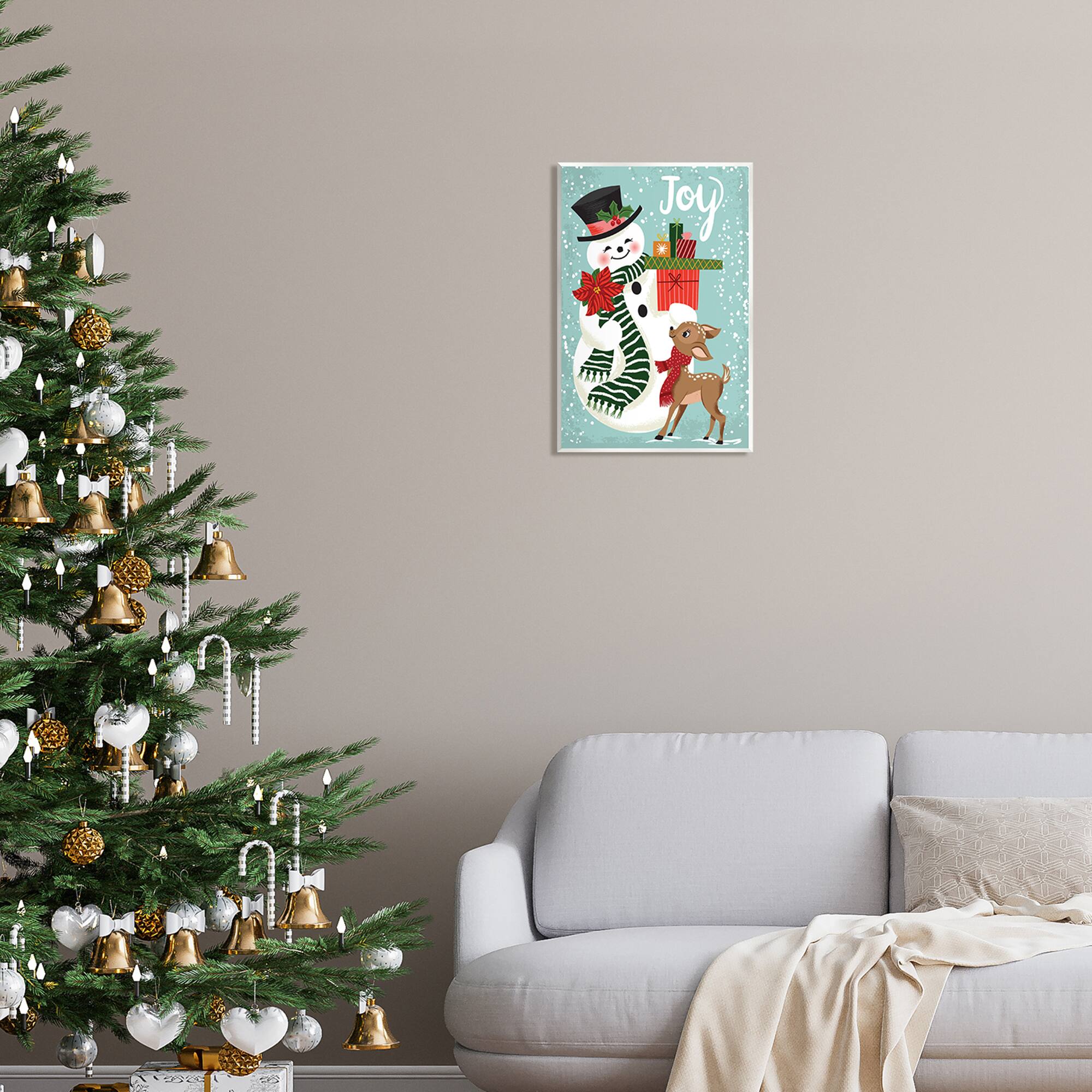 Stupell Industries Joy Smiling Snowman Holiday Deer Wall Plaque Art