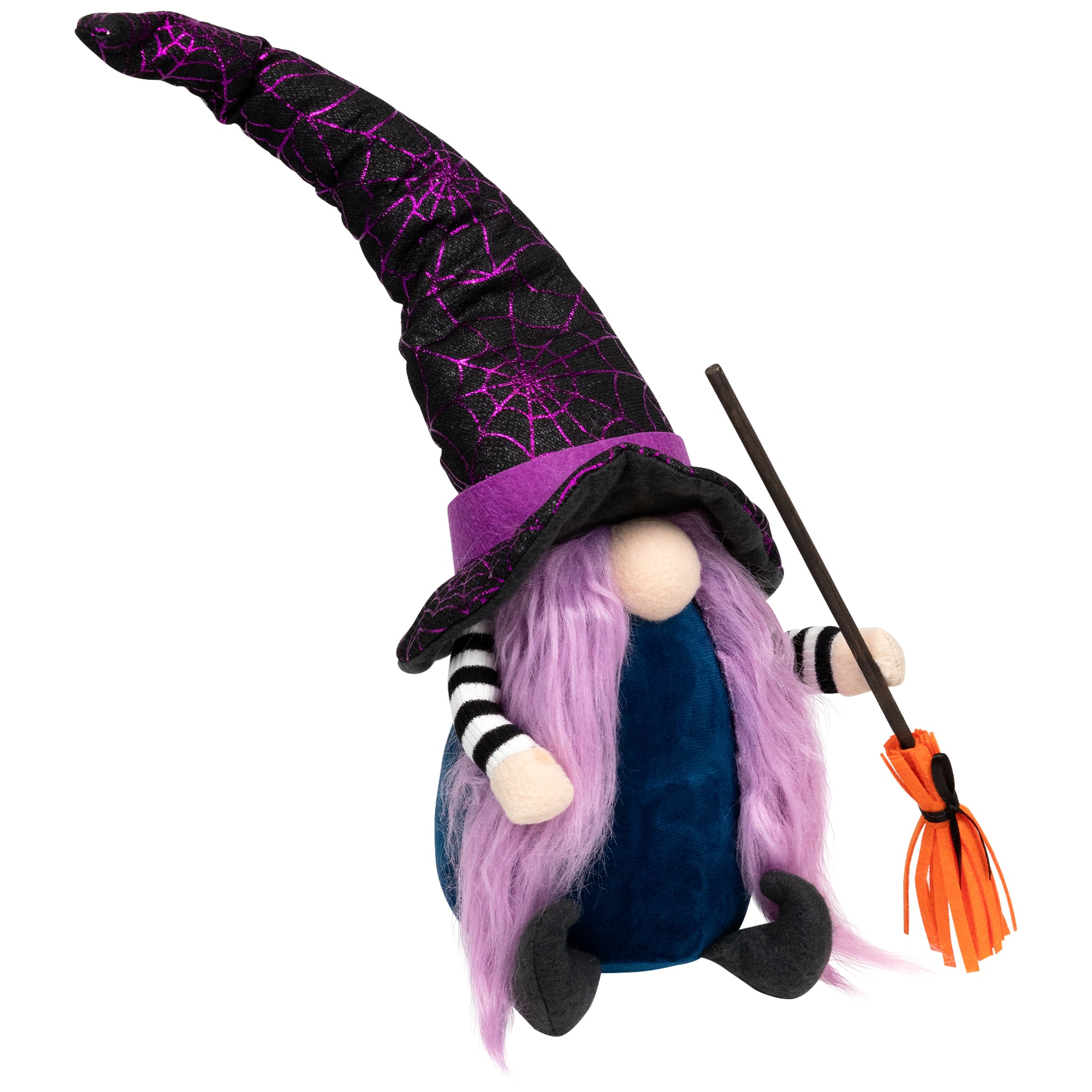 15" Black & Purple Halloween Gnome Witch with Broom