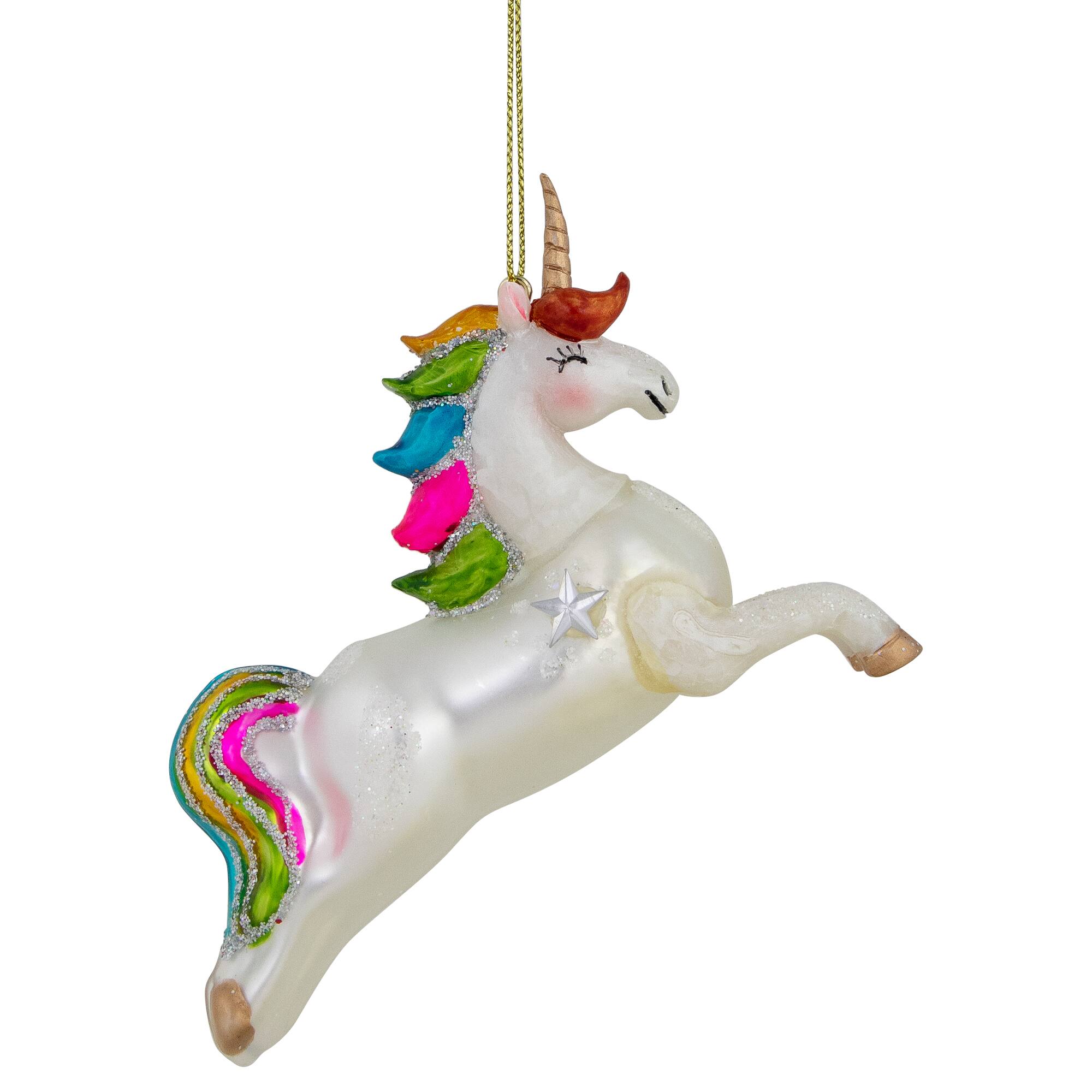 White Unicorn with Rainbow Mane Glittered Christmas Glass Ornament