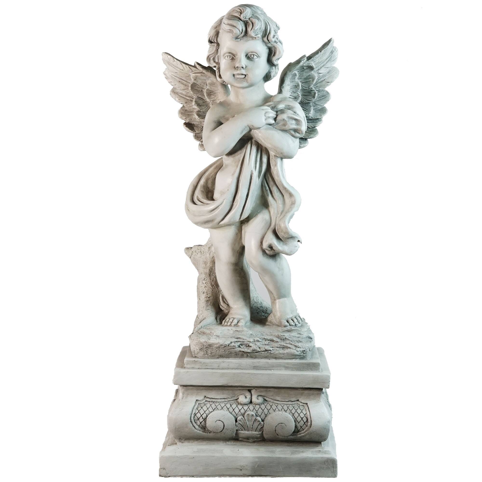 28.75" Gray Standing Cherub Angel on Pedestal Outdoor Statue