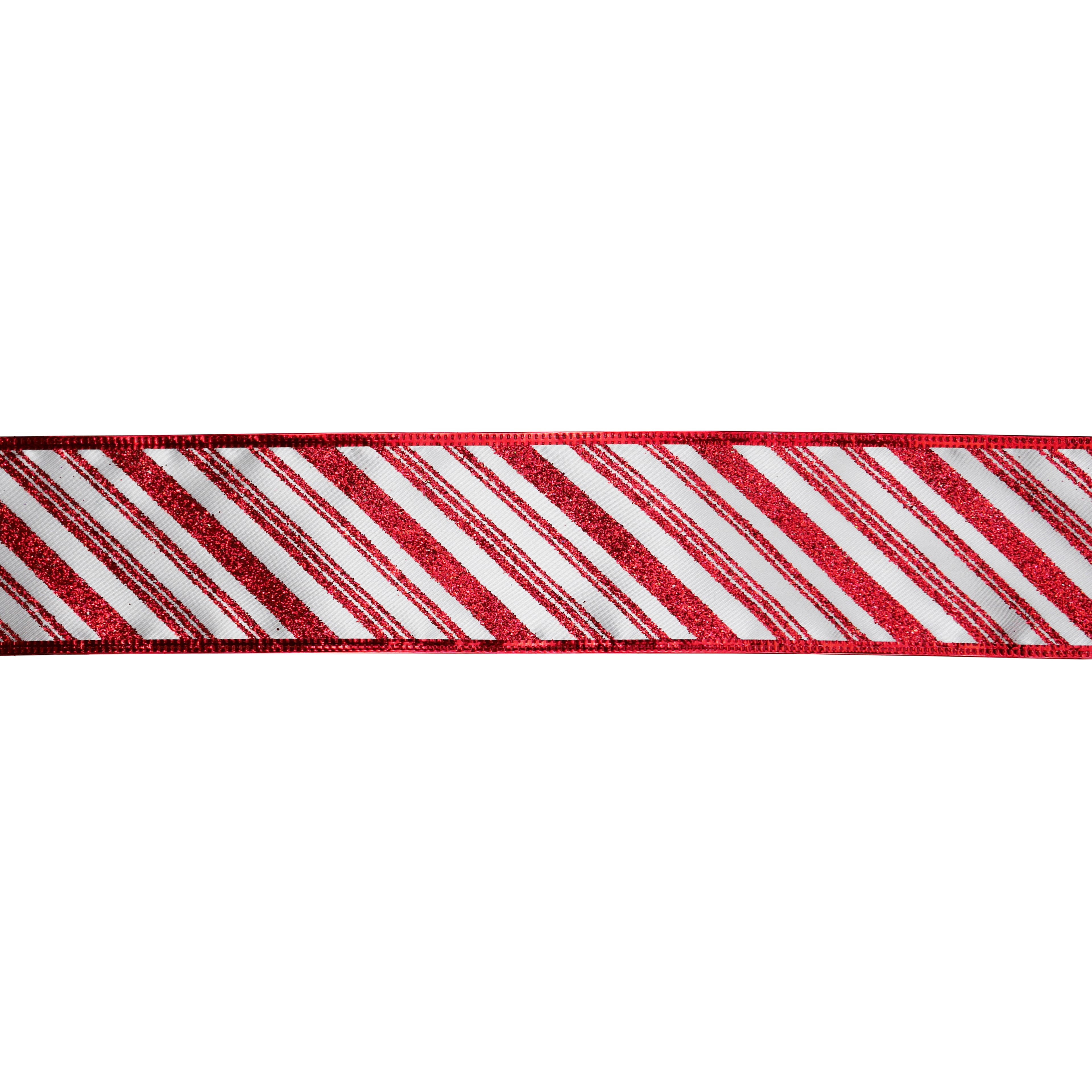 2.5&#x22; x 20ft. White &#x26; Red Glitter Diagonal Stripes Wired Ribbon by Celebrate It&#xAE;