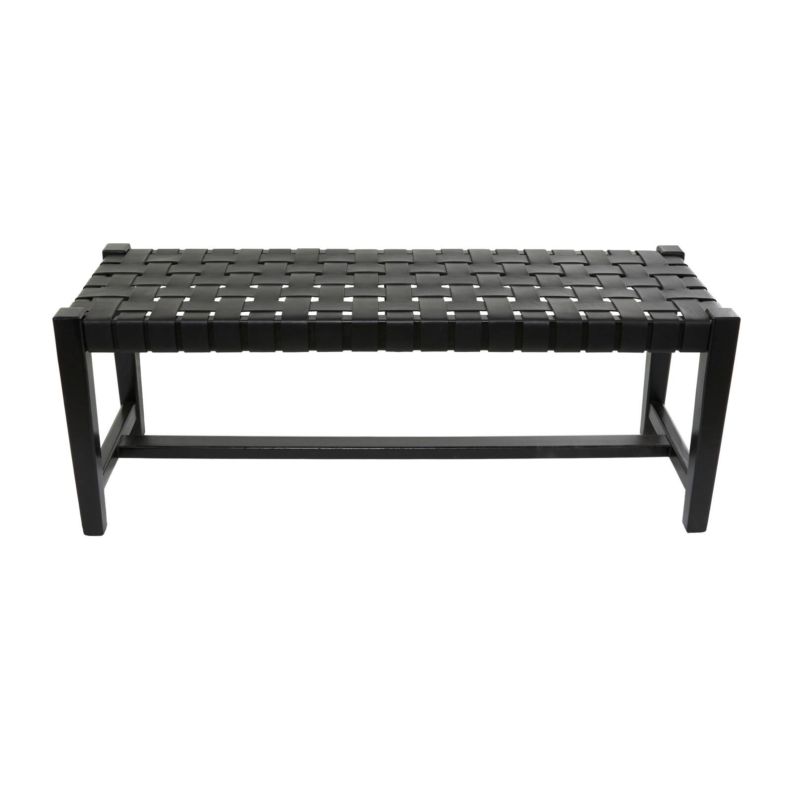 47&#x22; Black Leather Handmade Woven Seat Bench