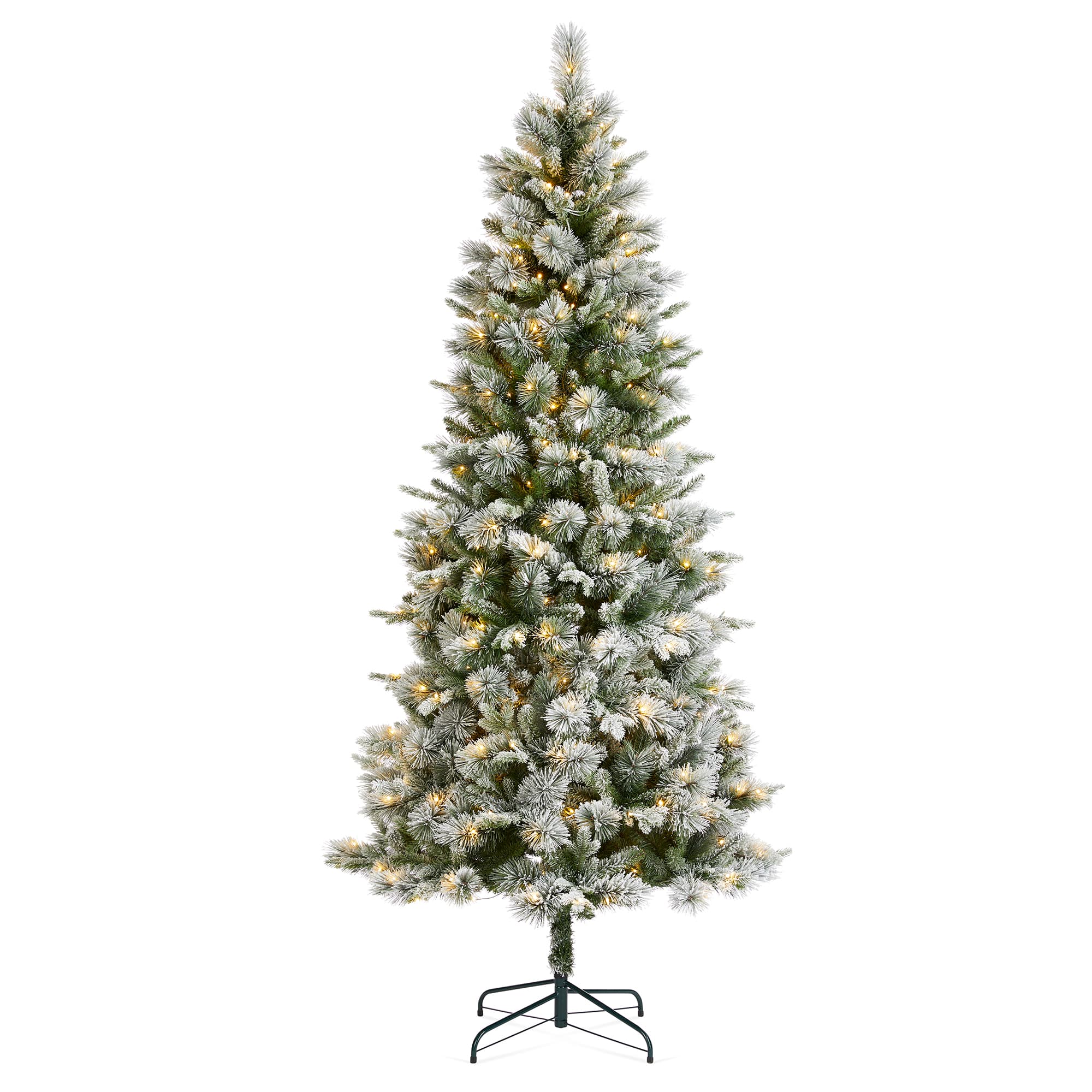 Glitzhome® 7.5ft Pre-Lit Flocked Slim Pine Artificial Christmas Tree, Warm White LED Lights