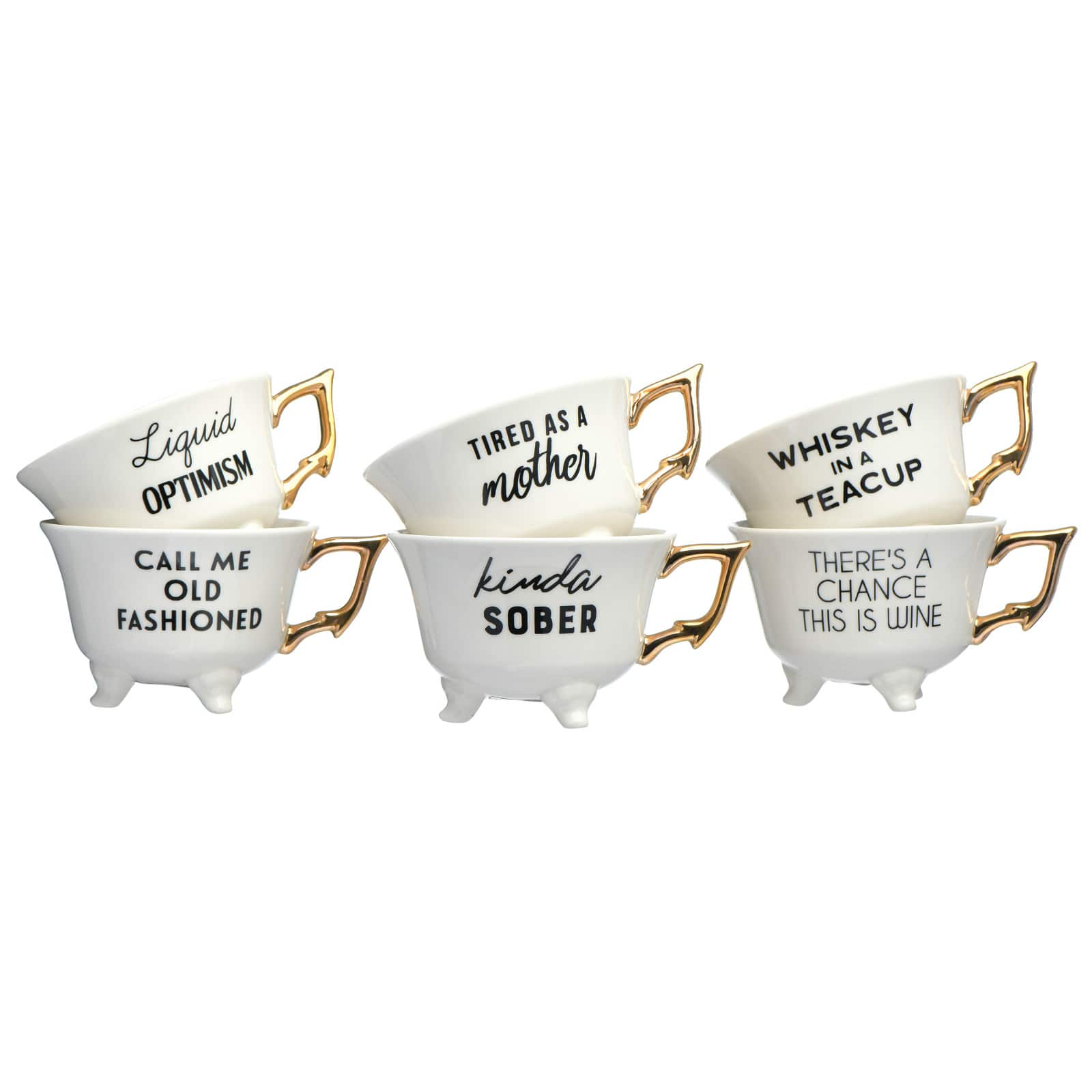 Hello Honey&#xAE; Assorted Stoneware Footed Teacup with Saying and Gold Electroplating Set