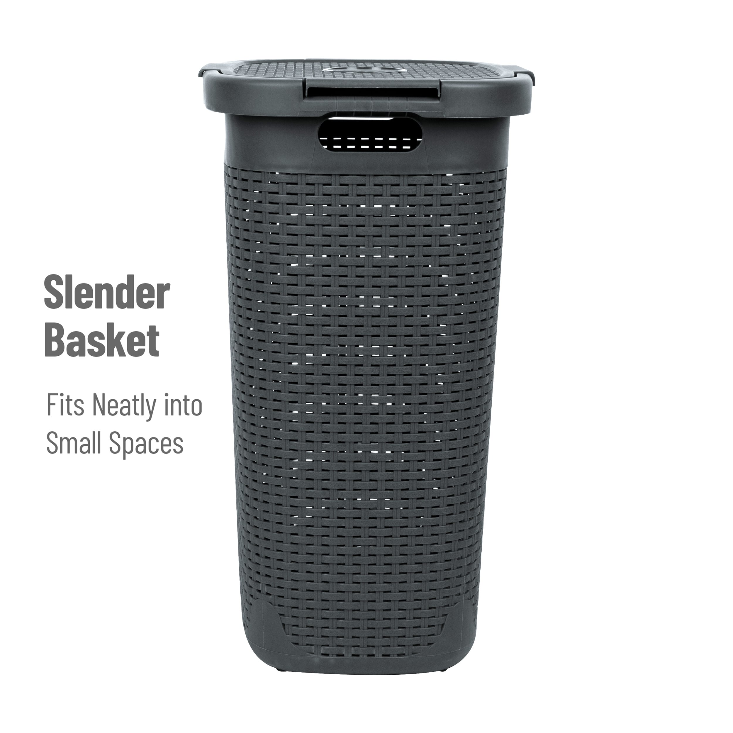Mind Reader 60L Ventilated Slim Laundry Hamper with Cut Out Handles &#x26; Attached Hinged Lid, 2ct.