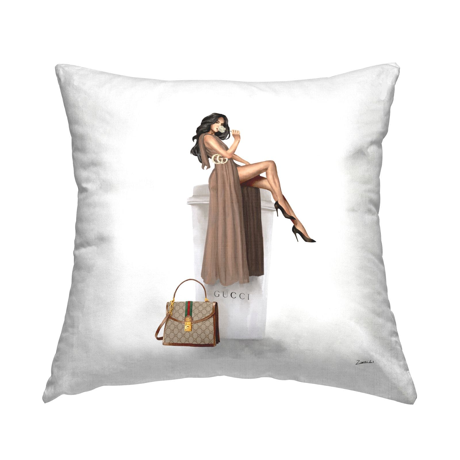 Stupell Industries Glam Woman Trendy Upscale Coffee Cup Throw Pillow, 18" x 18"