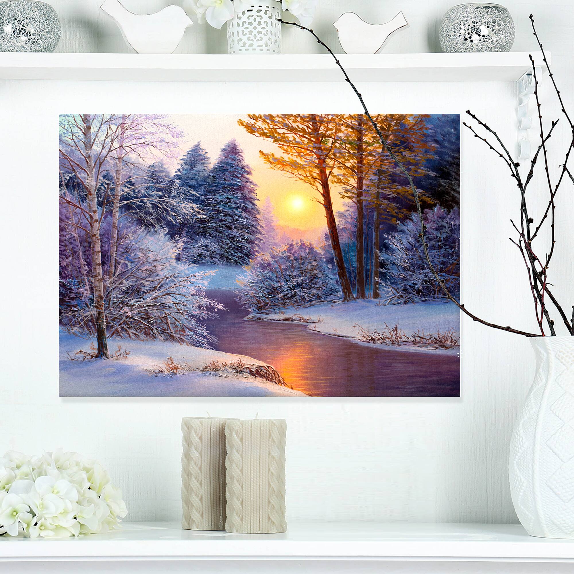 Designart - Winter Forest in River - Landscapes Painting Print on Wrapped Canvas