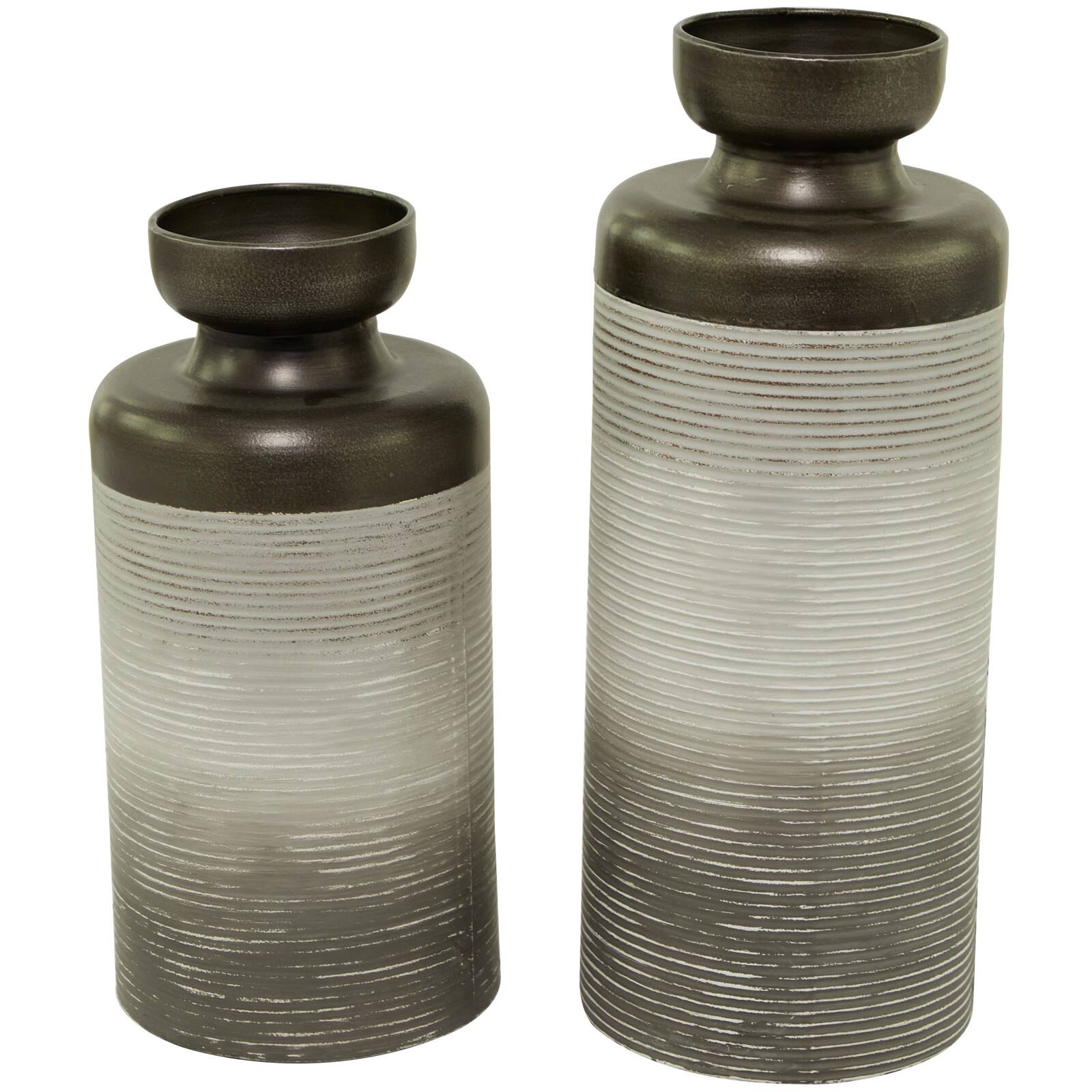 Bronze Metal Vase with Embossed Ribbing Set of 2 16", 13"