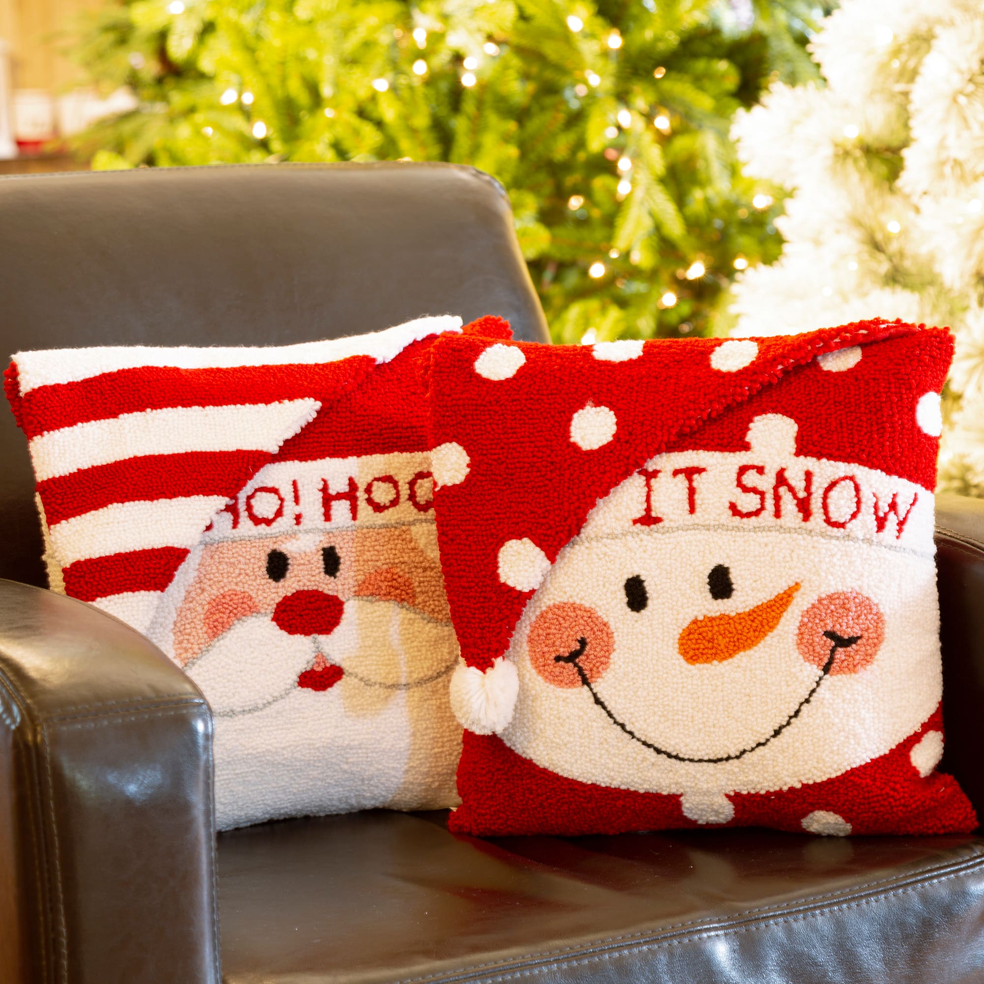Glitzhome&#xAE; Hooked 3D Santa &#x26; Snowman Throw Pillow Set