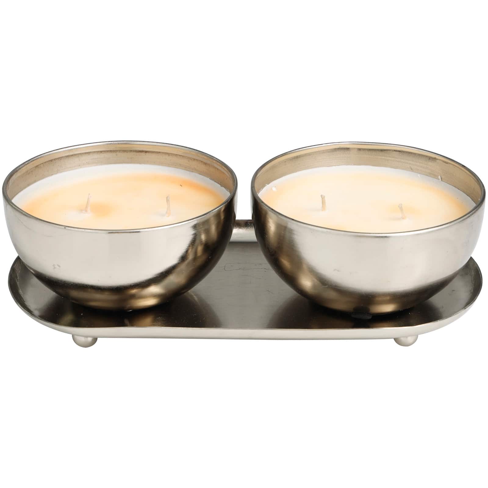 Jasmine Scented 2-Wick Candles in Silver Bowls Set