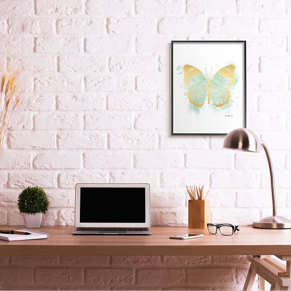 Stupell Industries Seafoam Green Butterfly Watercolor Paint Splatter in Black Frame Wall Art