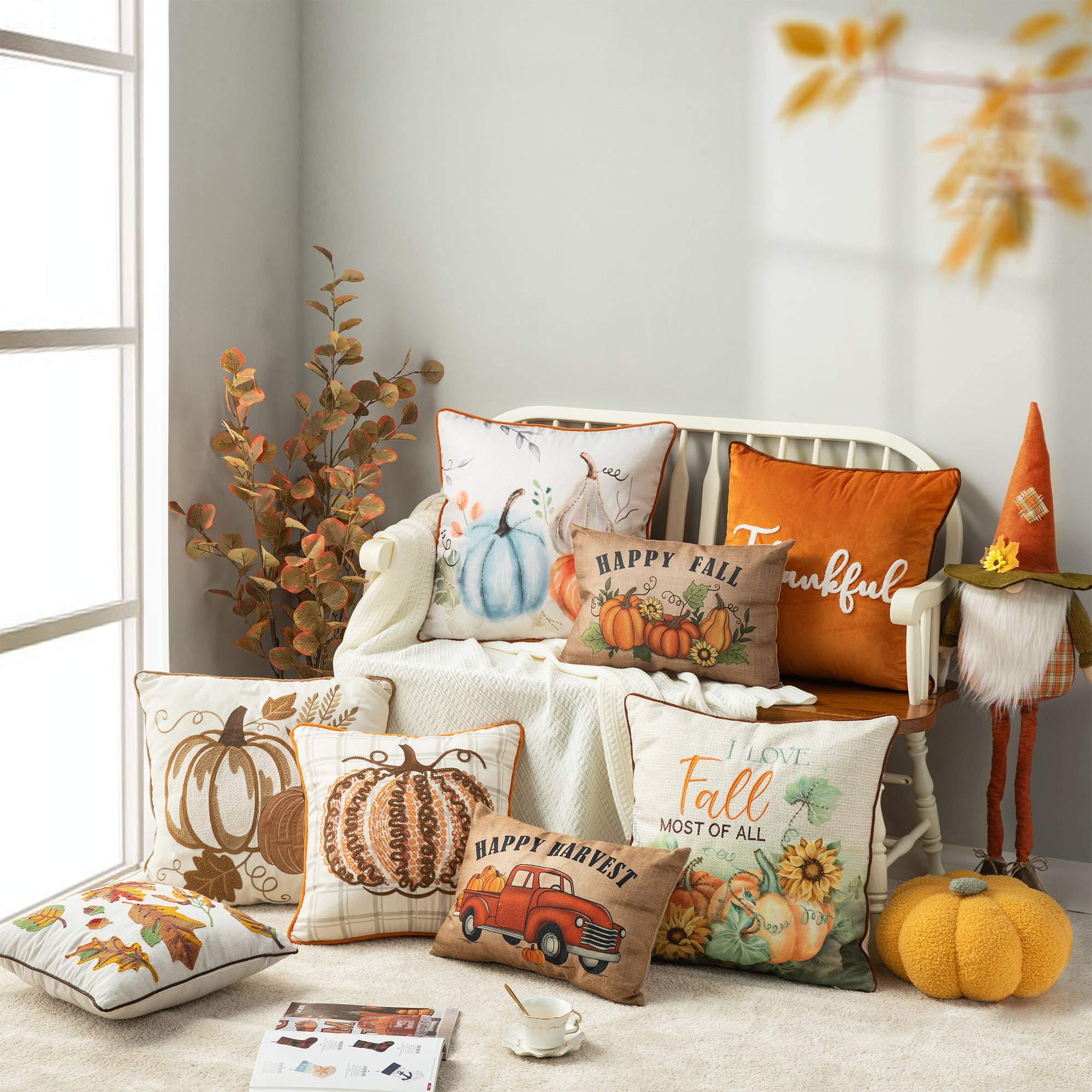 Glitzhome&#xAE; Faux Burlap Fall Pumpkin Pillow