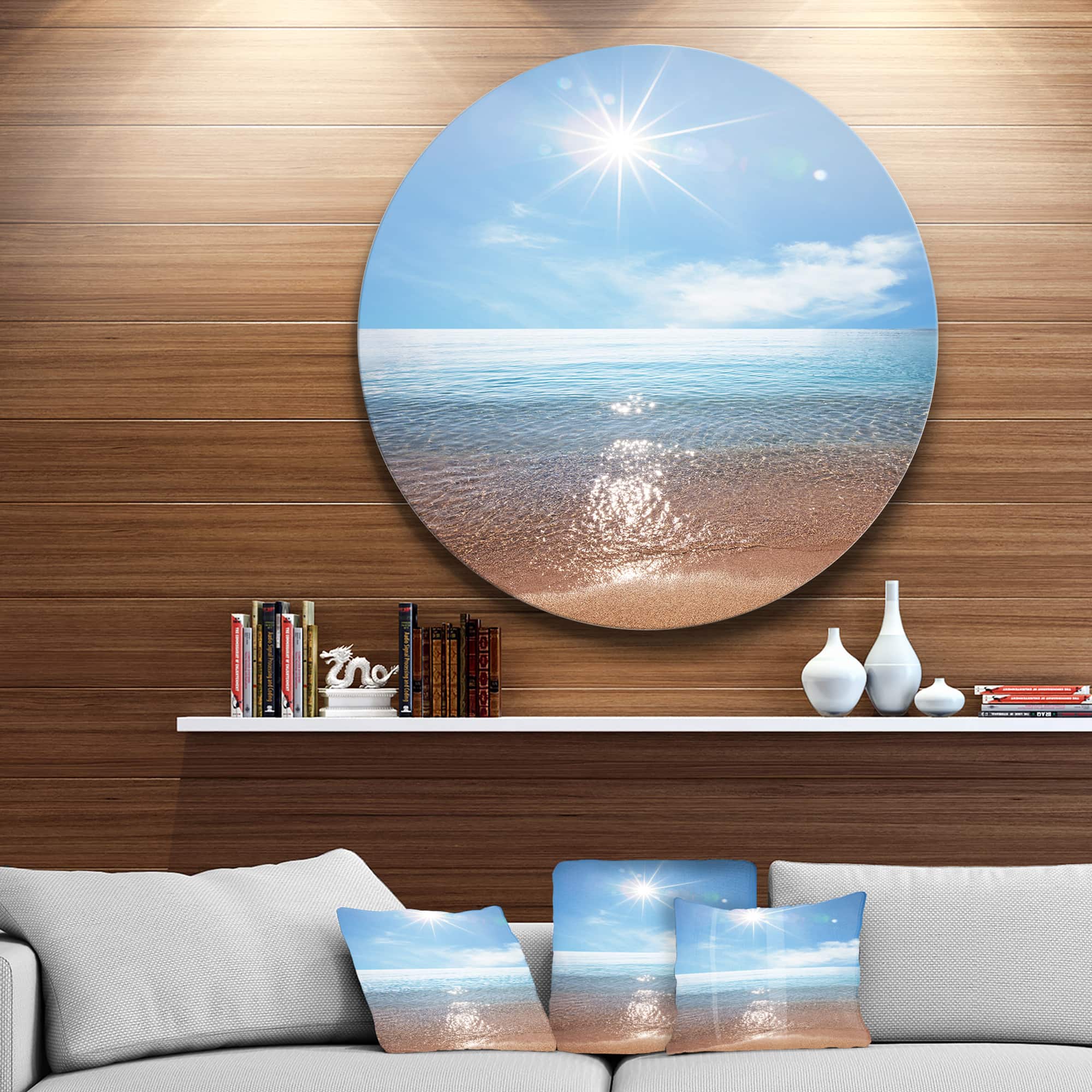 Designart - Serene Seascape with Bright Sun' Beach Metal Circle Wall Art