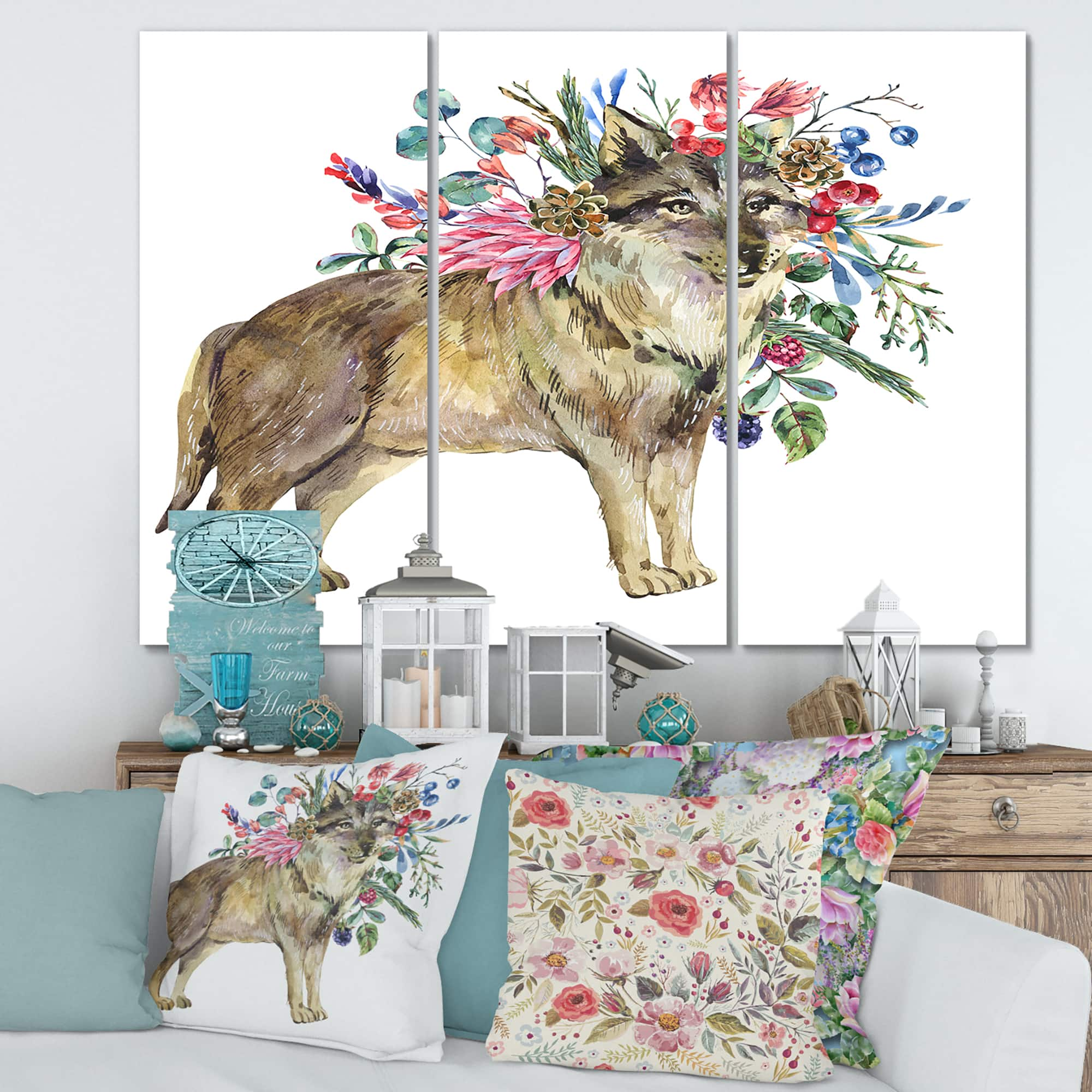 Designart - Wolf With Woodland Flowers - Farmhouse Canvas Wall Art Print