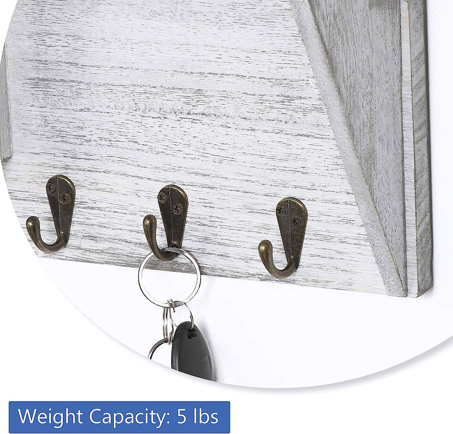 NEX™ Wall-Mounted Rustic Off-White Mail Shelf with 6 Double Key Hooks