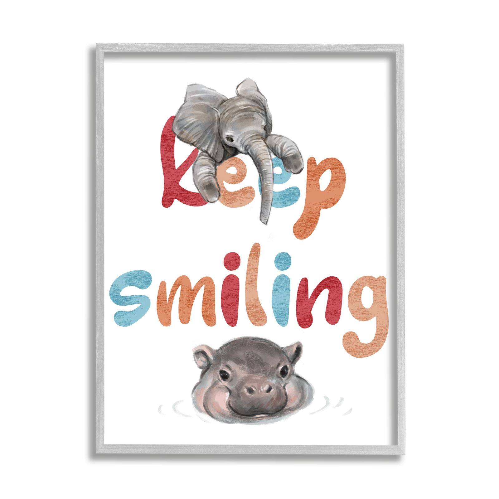 Stupell Industries Keep Smiling Motivational Children's Phrase Baby Elephant Hippo Framed Wall Art
