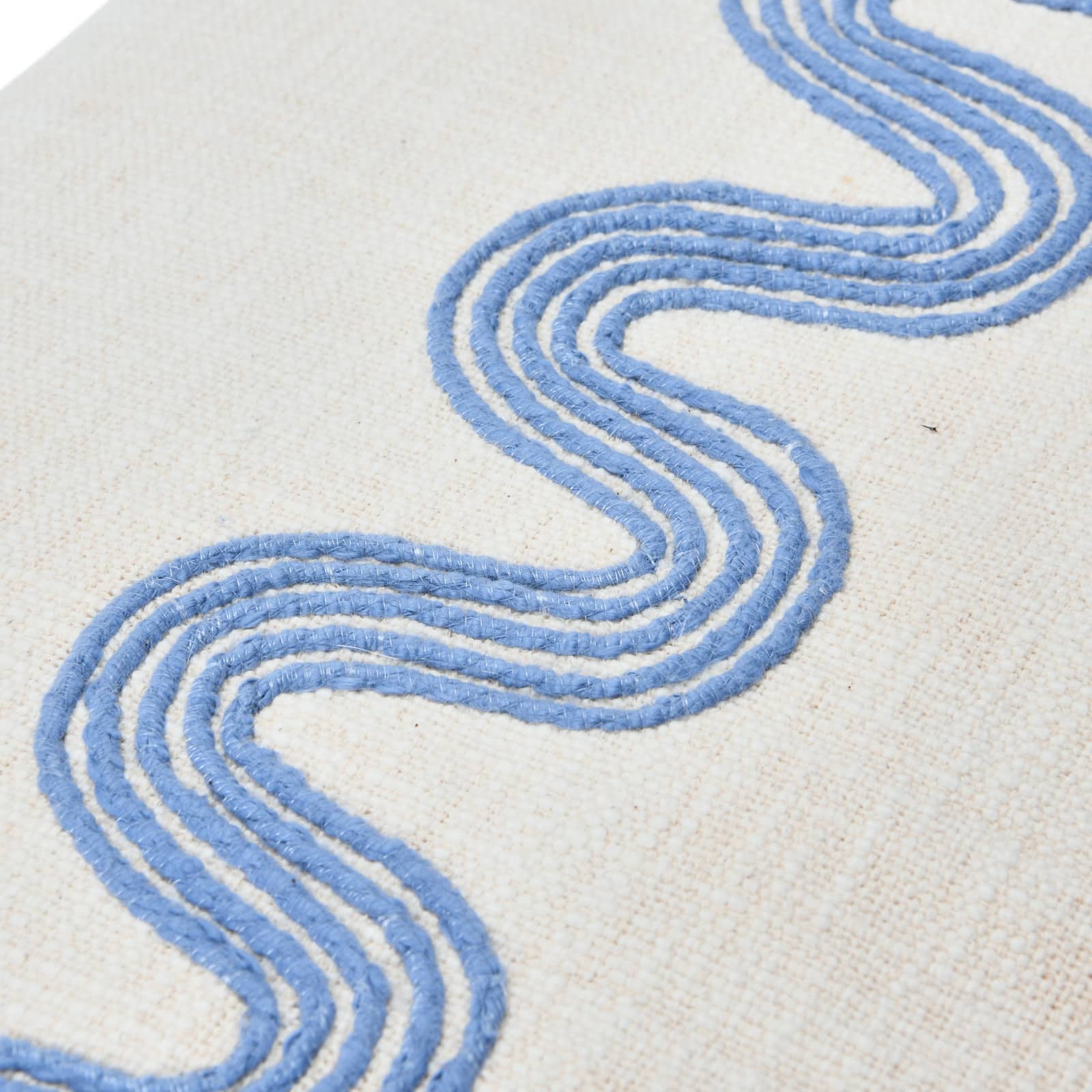 Hello Honey® Cream & Blue Lumbar Pillow with Embroidered Curved Pattern & Tassels