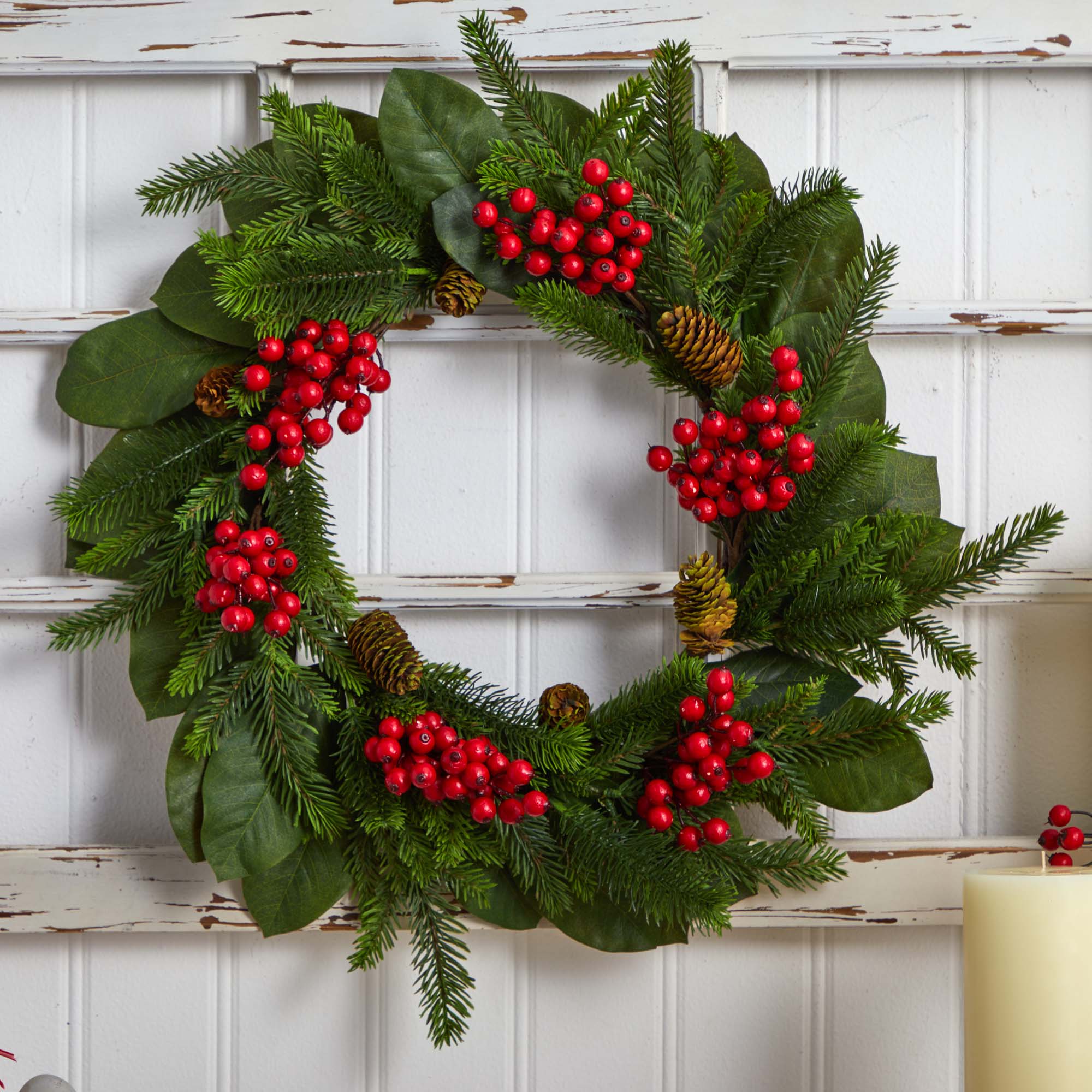 24&#x22; Magnolia Leaf, Berry &#x26; Pine Artificial Wreath