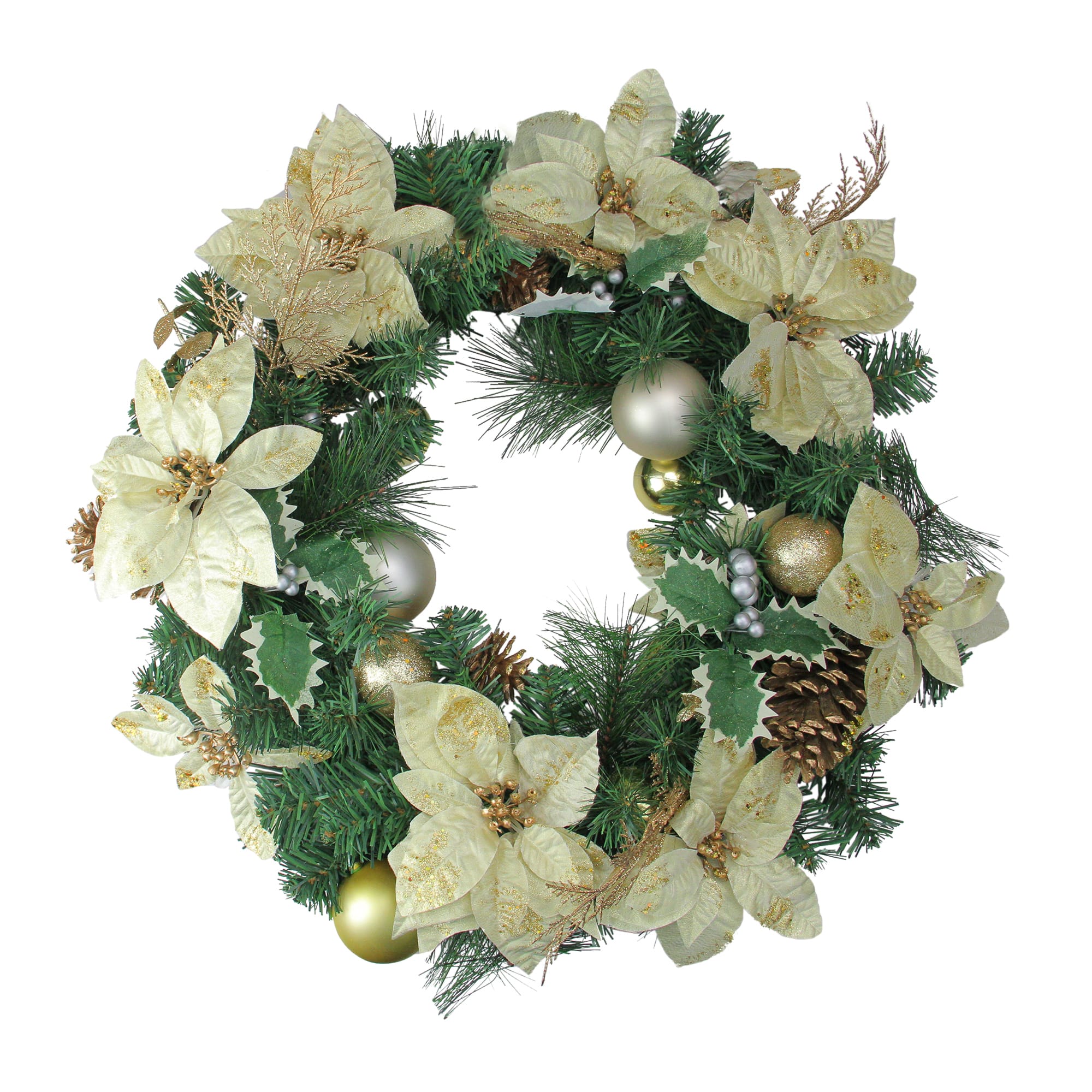 24&#x22; Pre-Decorated Gold Poinsettia &#x26; Ball Artificial Wreath