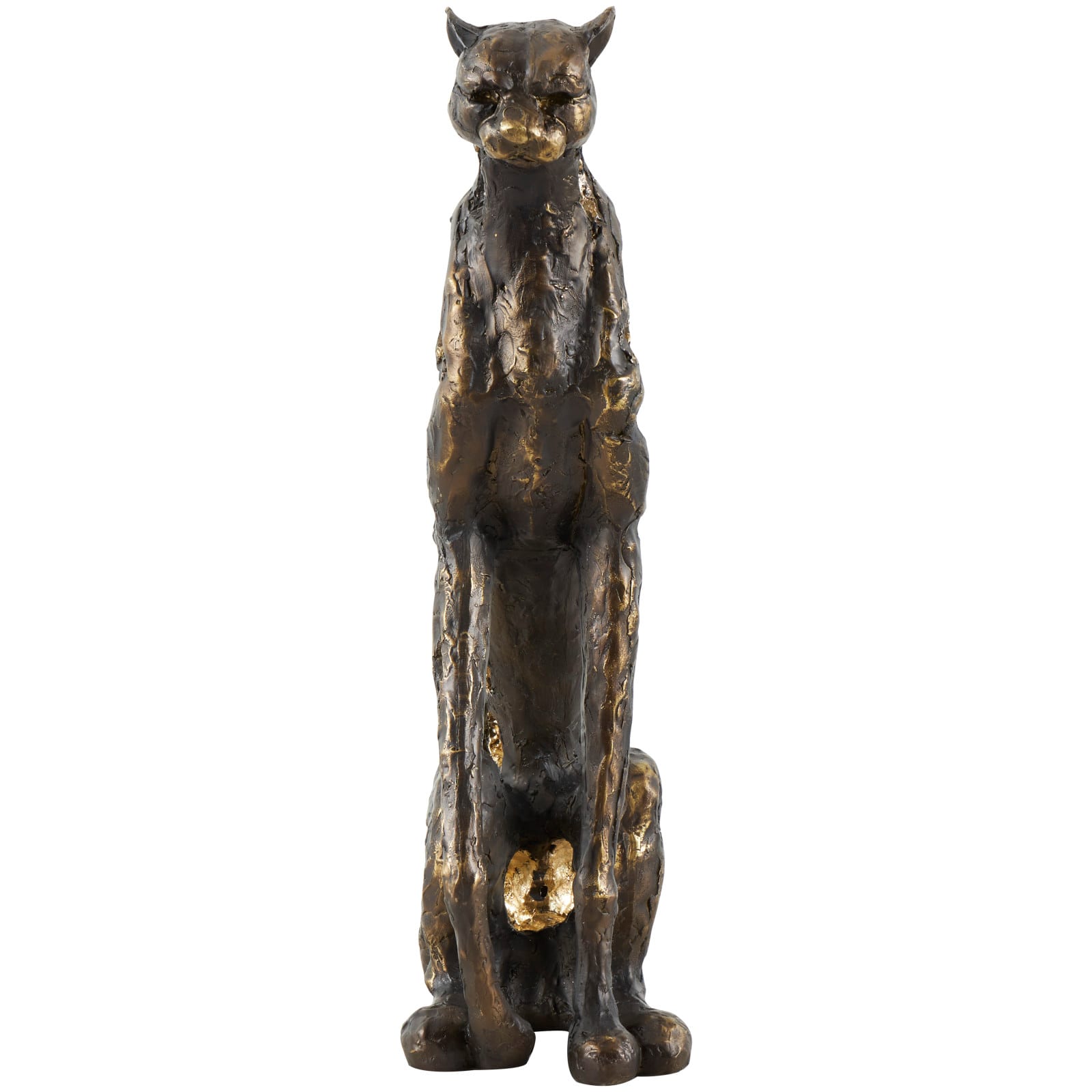 19" Bronze Polystone Distressed Textured Sitting Leopard Sculpture with Cutouts & Gold Accents