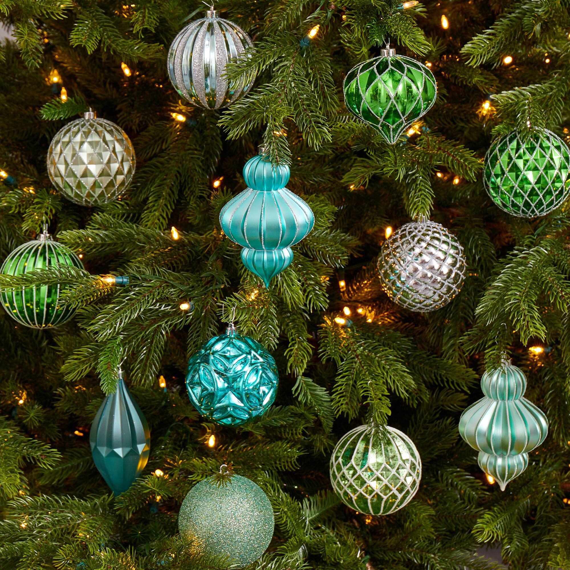 12ct. 4&#x22; Green &#x26; Silver Shatterproof Luxe Ornament Set