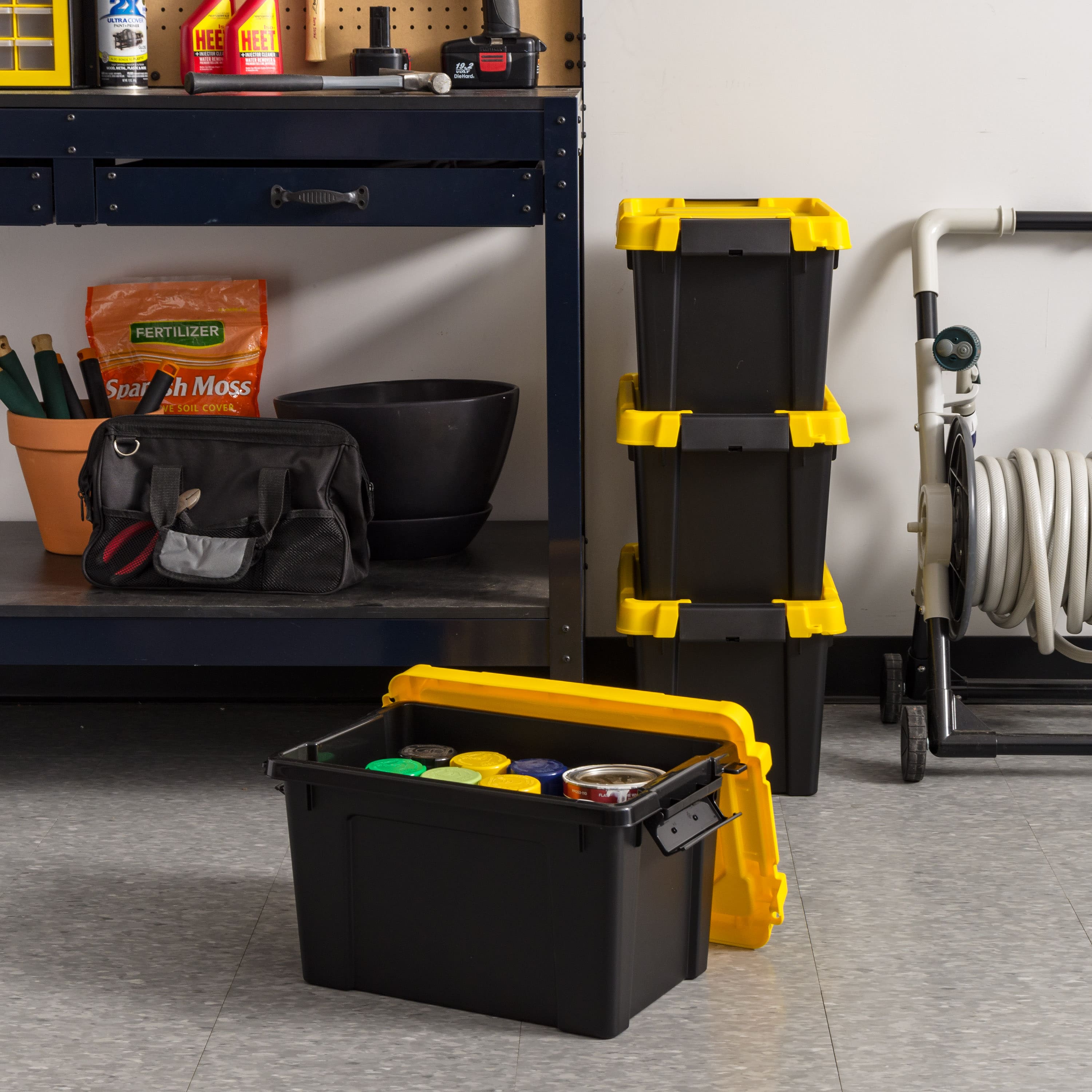 IRIS&#xAE; 21.9qt. Black Store-It-All Utility Totes with Yellow Buckle Lids, 4ct.