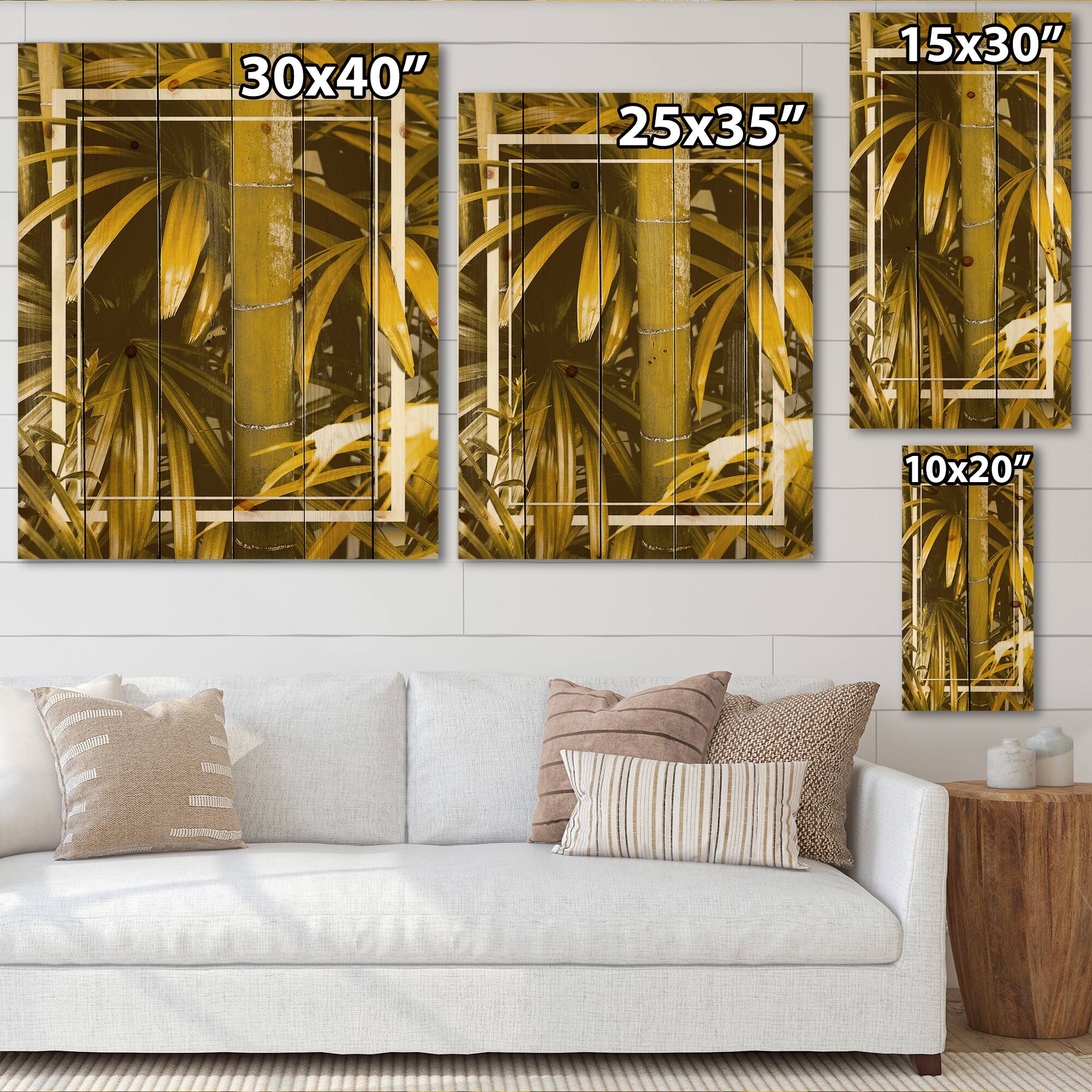 Designart - Yellow Bamboo and Tropical Leaves - Tropical Print on Natural Pine Wood