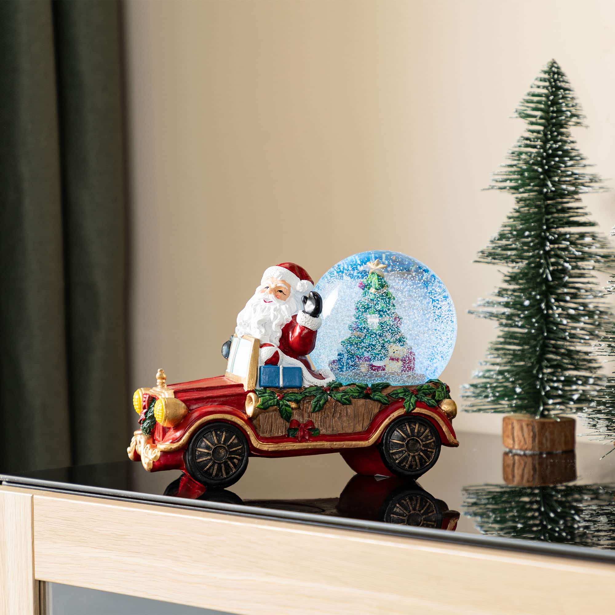 Glitzhome&#xAE; 100mm Christmas Resin Lighted Musical Snowflakes Santa Car Waterglobe