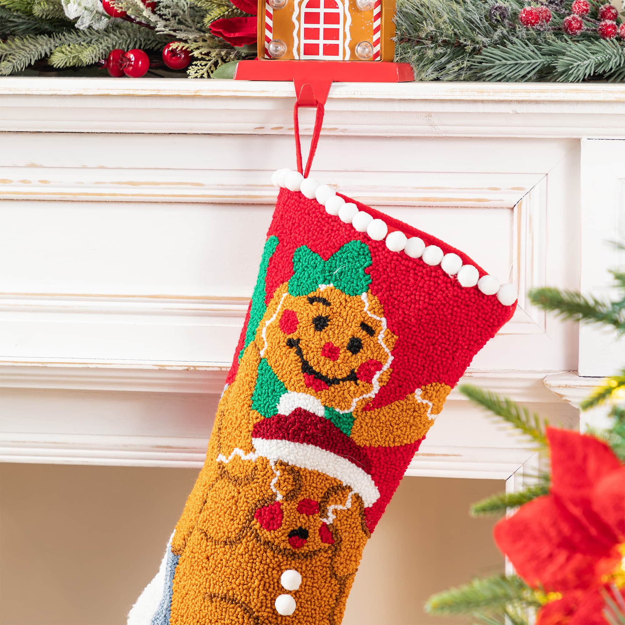 Glitzhome&#xAE; 21&#x22;L Hooked Christmas Gingerbread Man Stocking