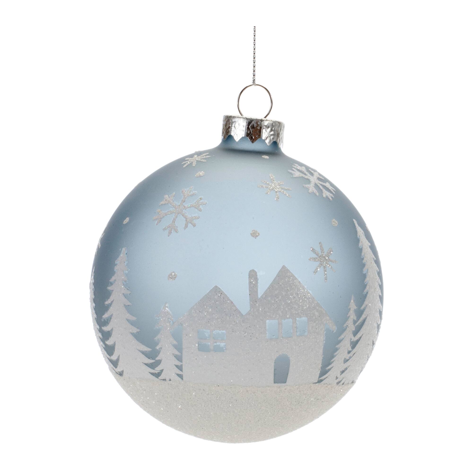 4&#x22; Frosted Forest &#x26; Village Glass Ball Ornament Set