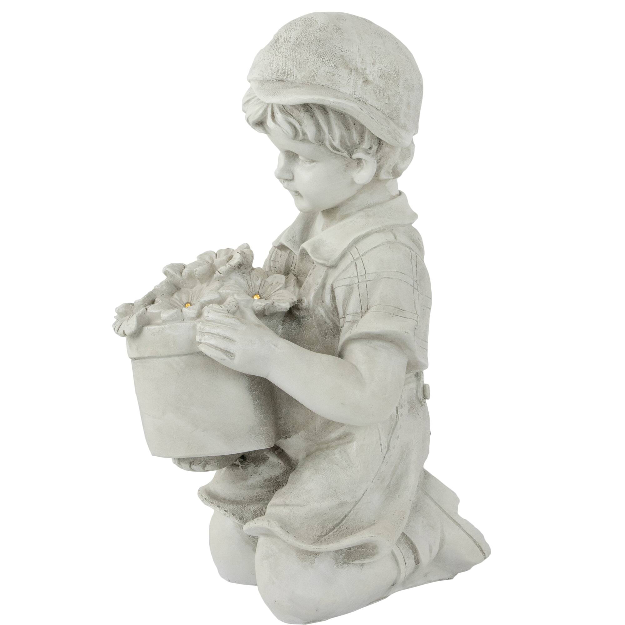 15&#x22; Solar LED-Lit Boy with Flowers Outdoor Garden Statue