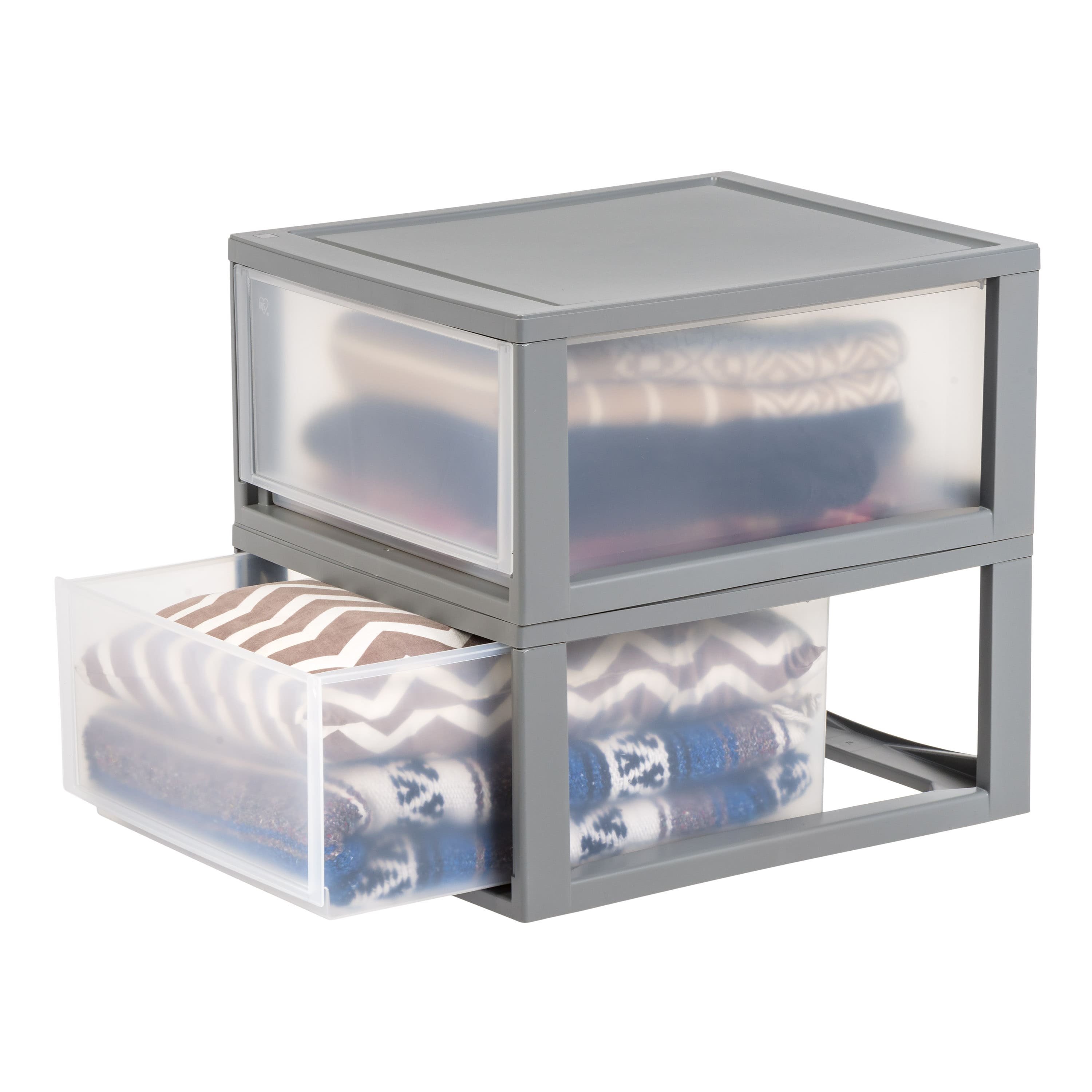 IRIS&#xAE; 29.5qt. Gray &#x26; Clear Stacking Storage Drawers, 2ct.
