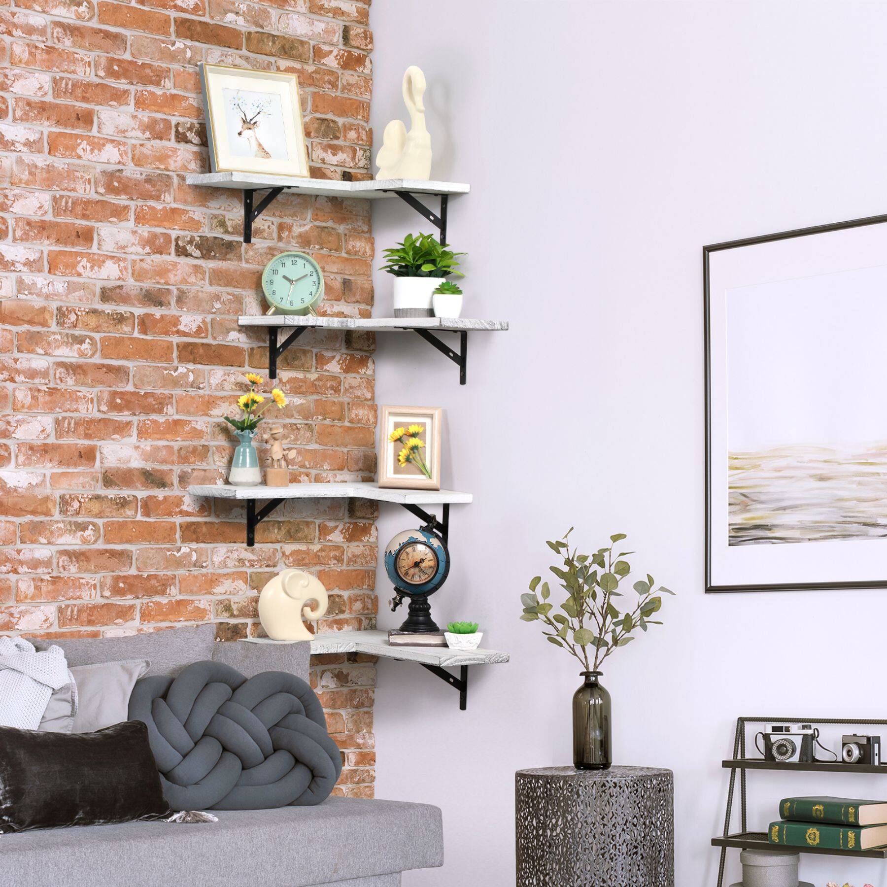 White Rustic Floating Corner Storage Shelf Set