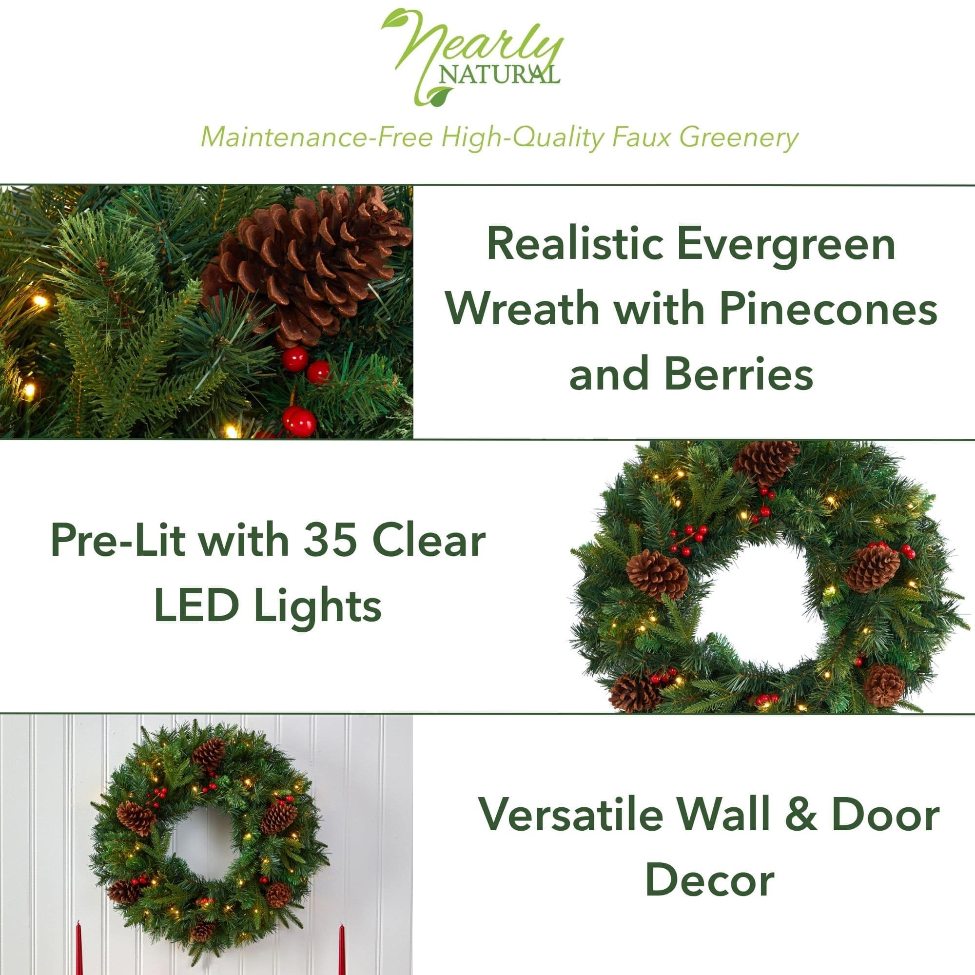 24&#x22; Clear LED Mixed Pine &#x26; Berries Christmas Wreath
