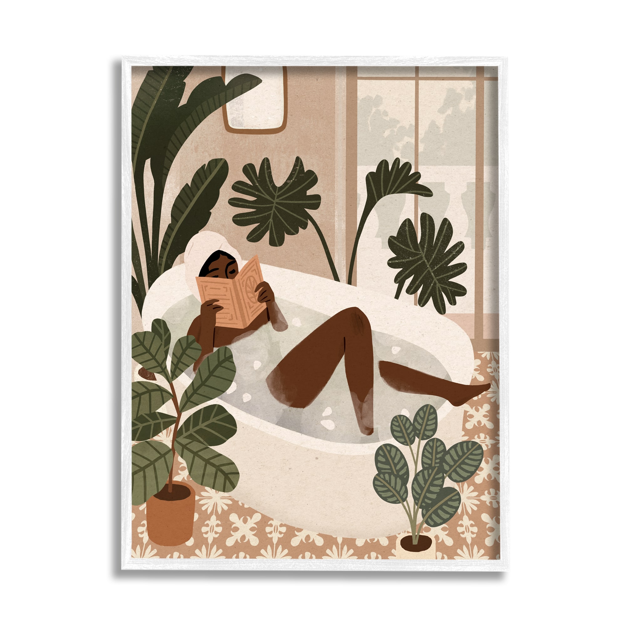 Stupell Industries Female Reading in Bath Tropical Palm Plants in White Frame Wall Art