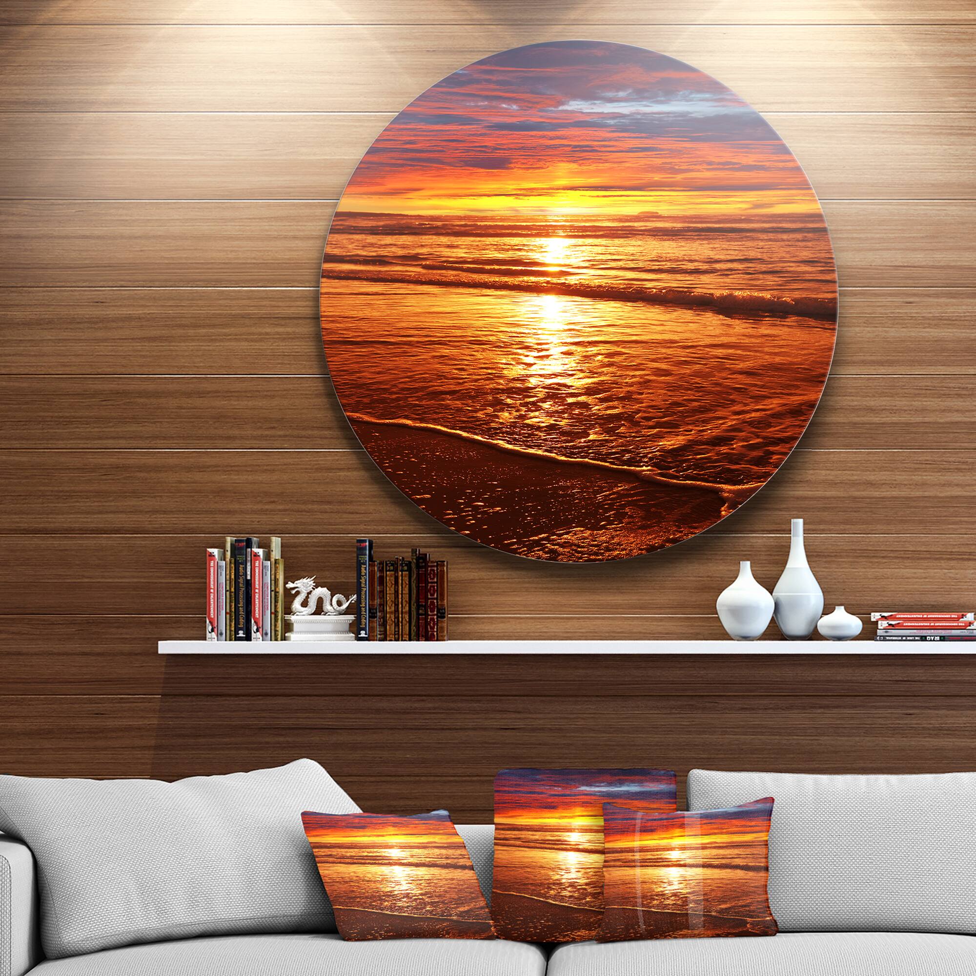 Designart - Colorful Sunset Mirrored in Waters' Beach Metal Circle Wall Art