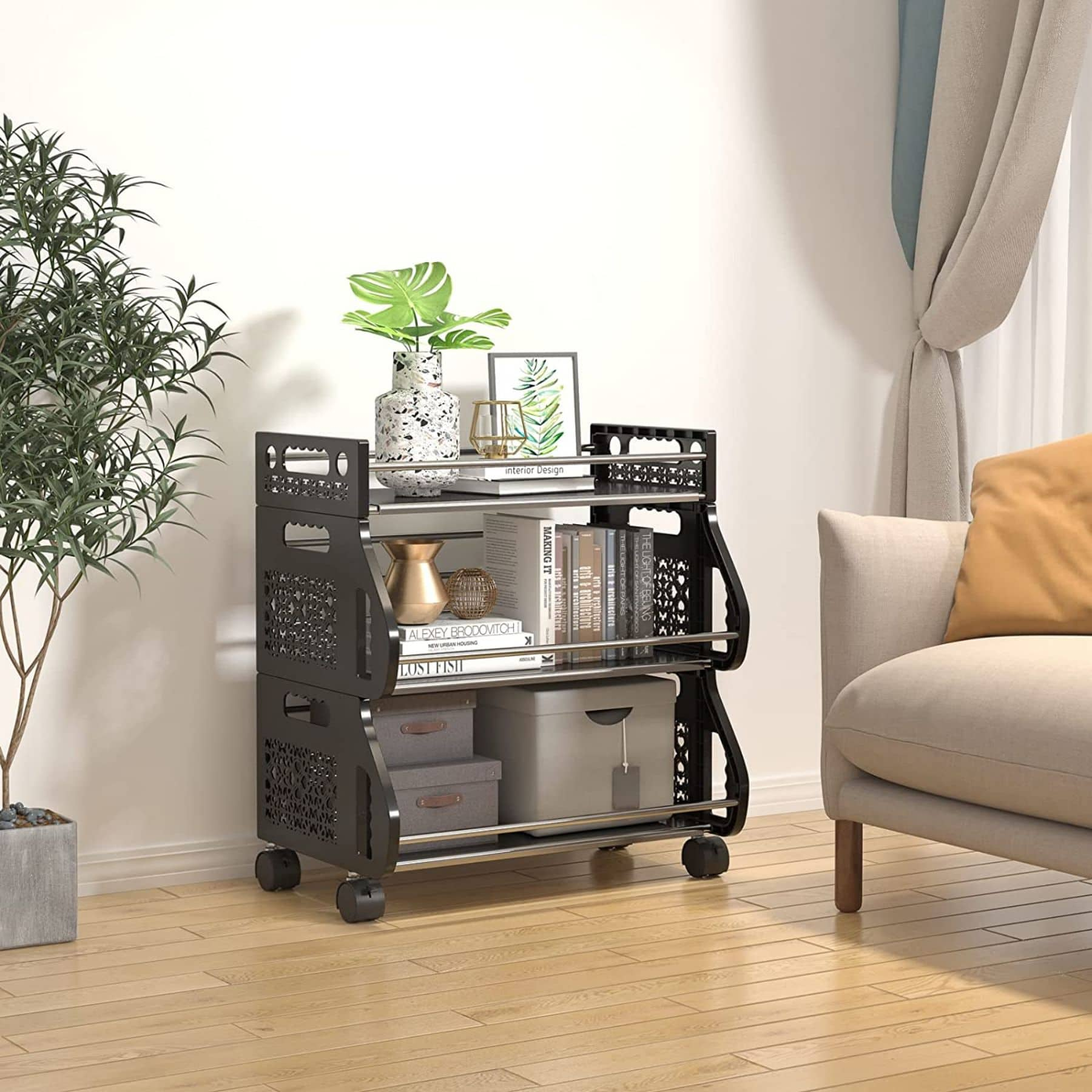 Black 3-Tier Rolling Stackable Utility Cart