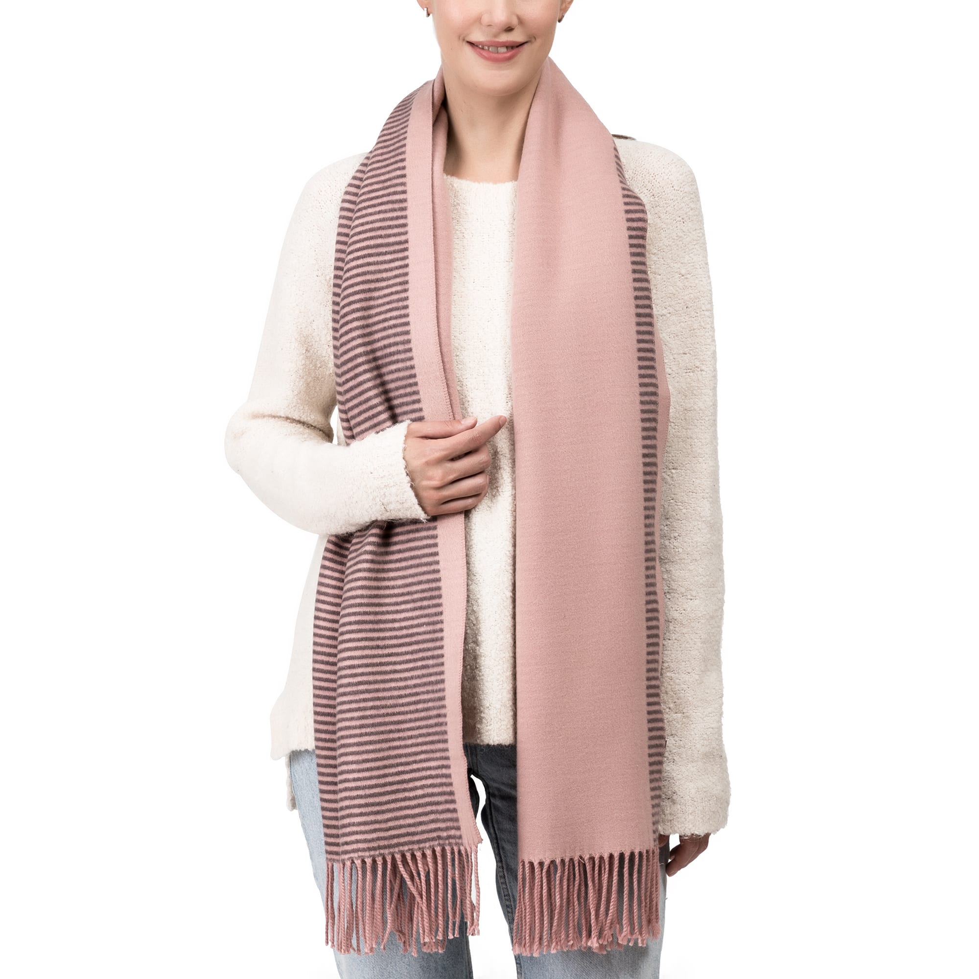 Glitzhome&#xAE; 73&#x22; Pink &#x26; Brown Striped Reversible Scarf with Tassels
