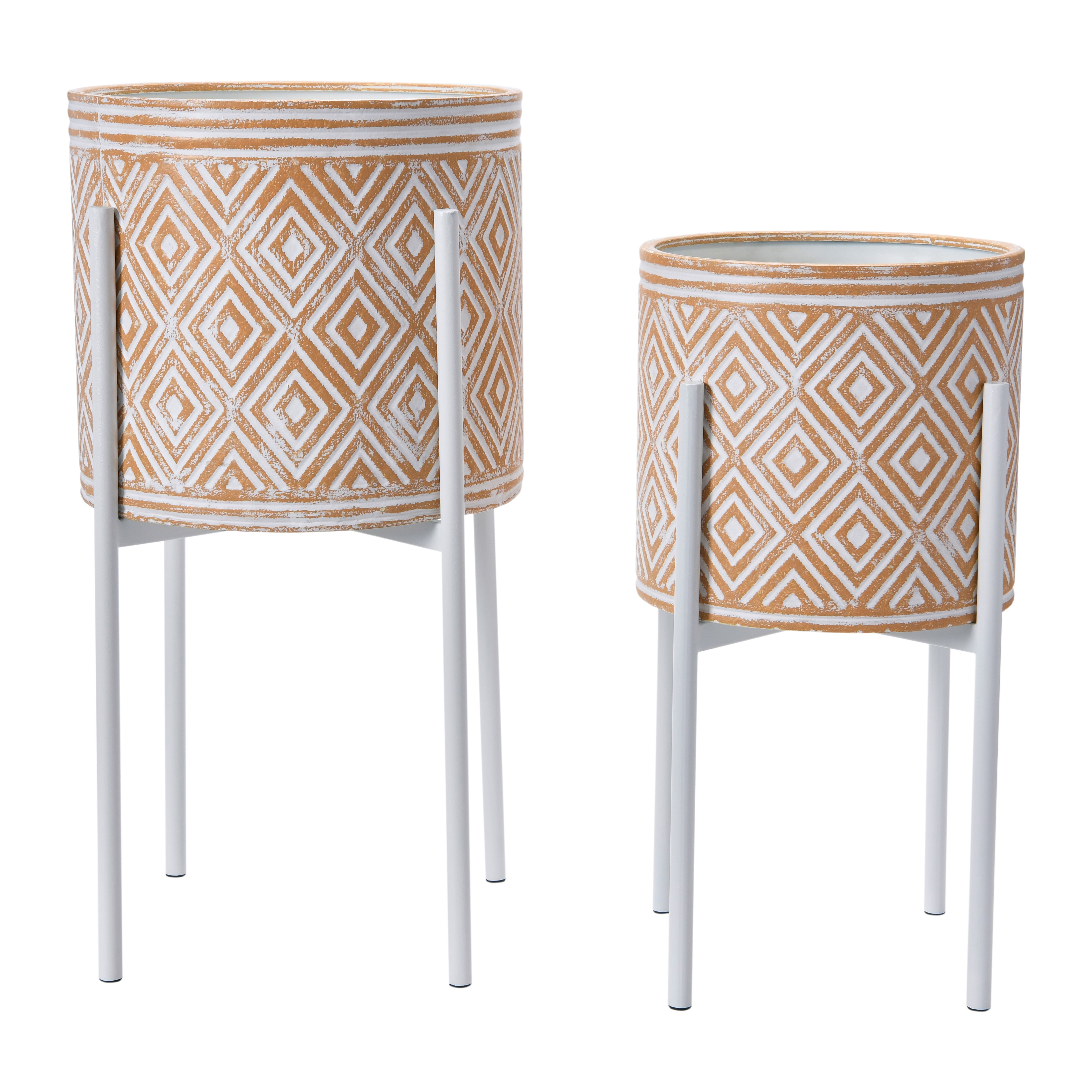 White &#x26; Terracotta Boho Embossed Metal Planters with Stands Set