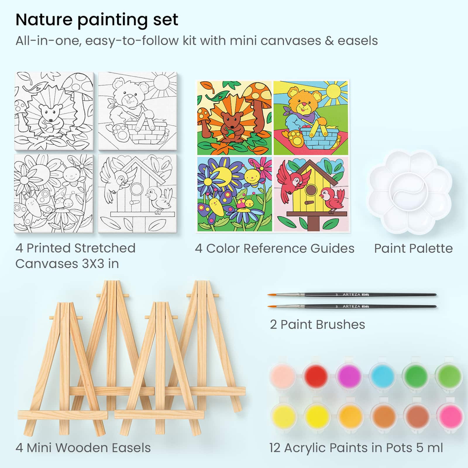 Arteza&#xAE; Kids Canvas Paint Kit, 4 Mini Canvas- 3 x 3 with Easel, Nature