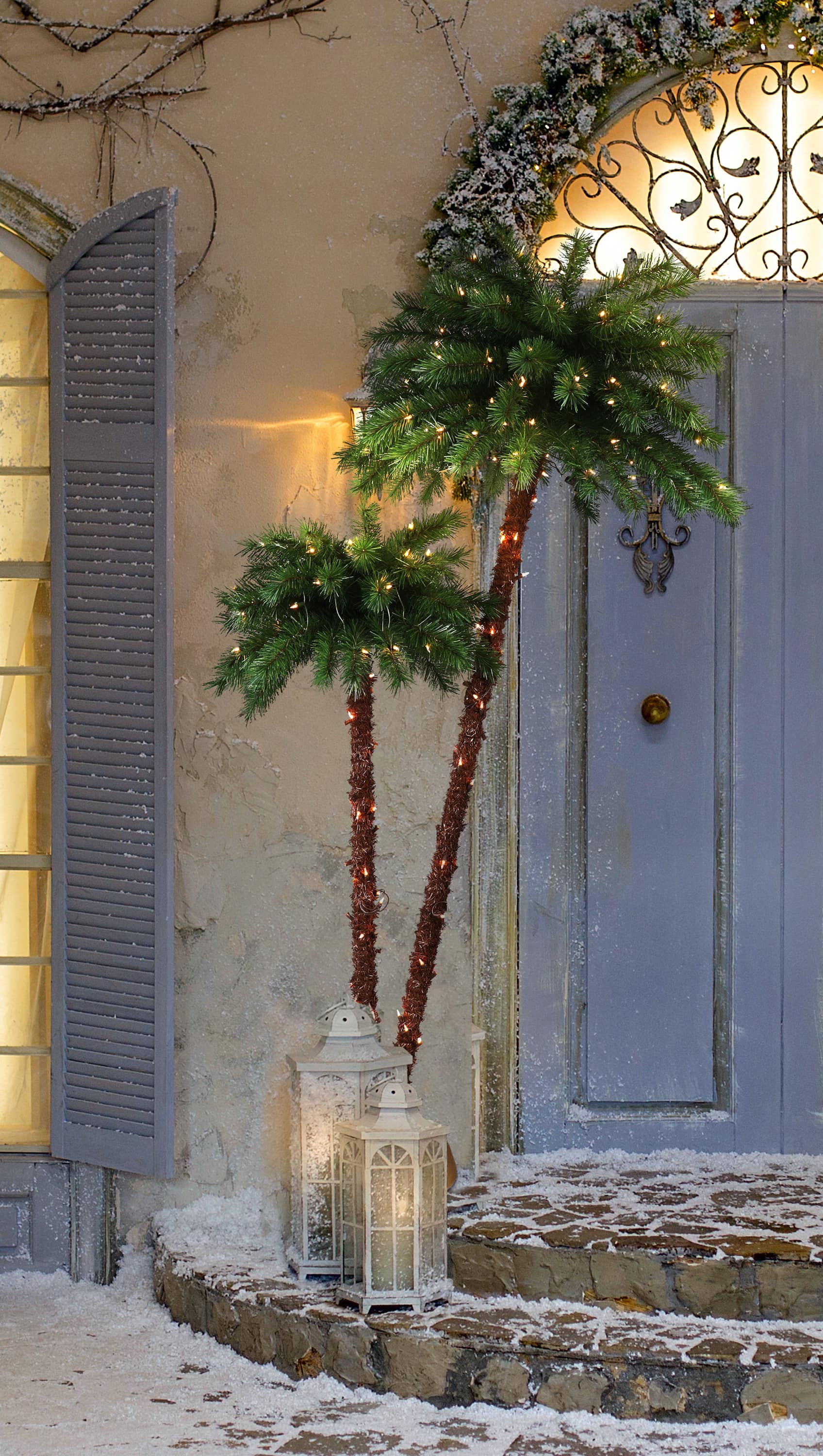 3.5ft. & 6ft. Double Trunk Pre-Lit Artificial Palm Tree, Clear Lights