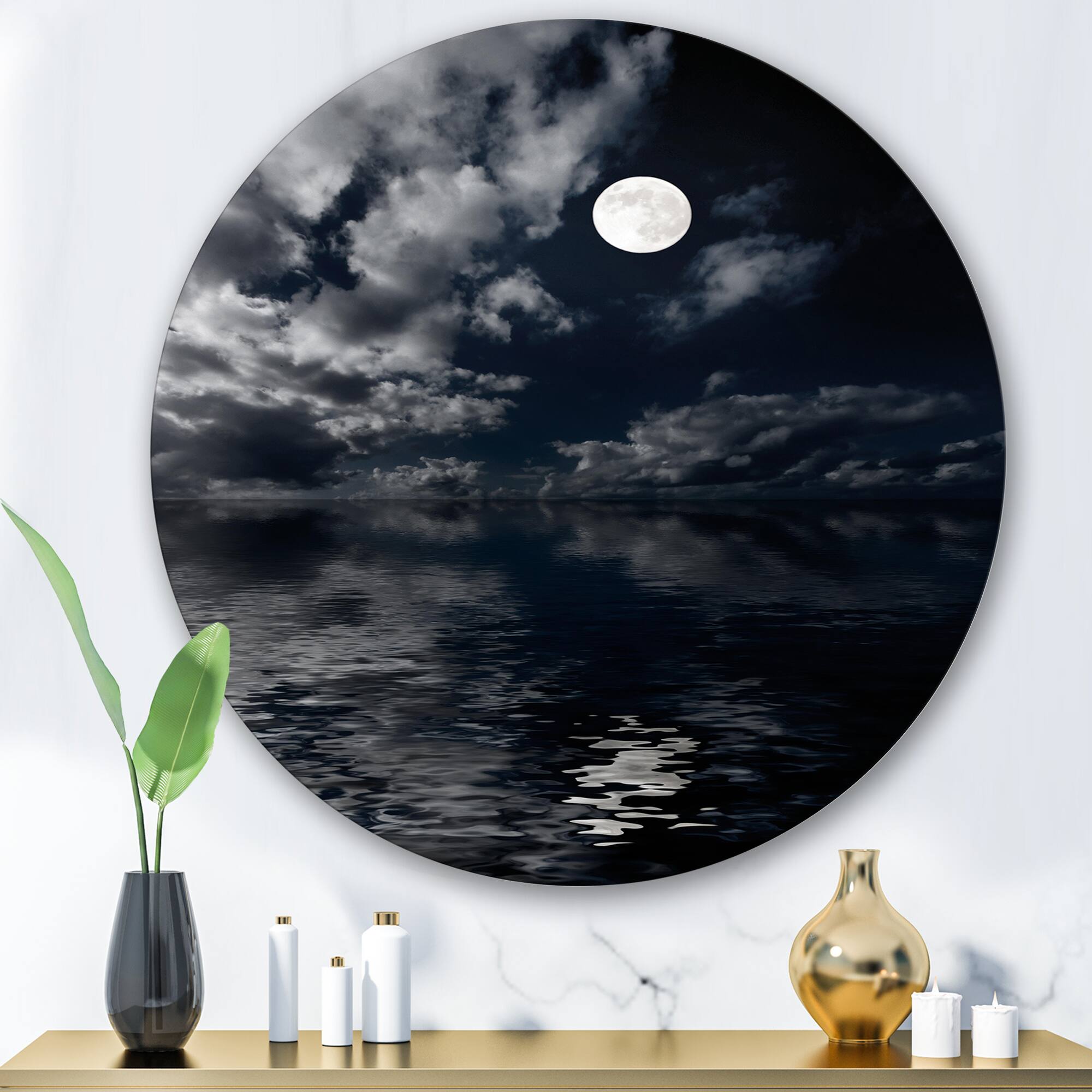 Designart - Full Moon In Cloudy Night Sky IV - Nautical & Coastal Metal Circle Wall Art