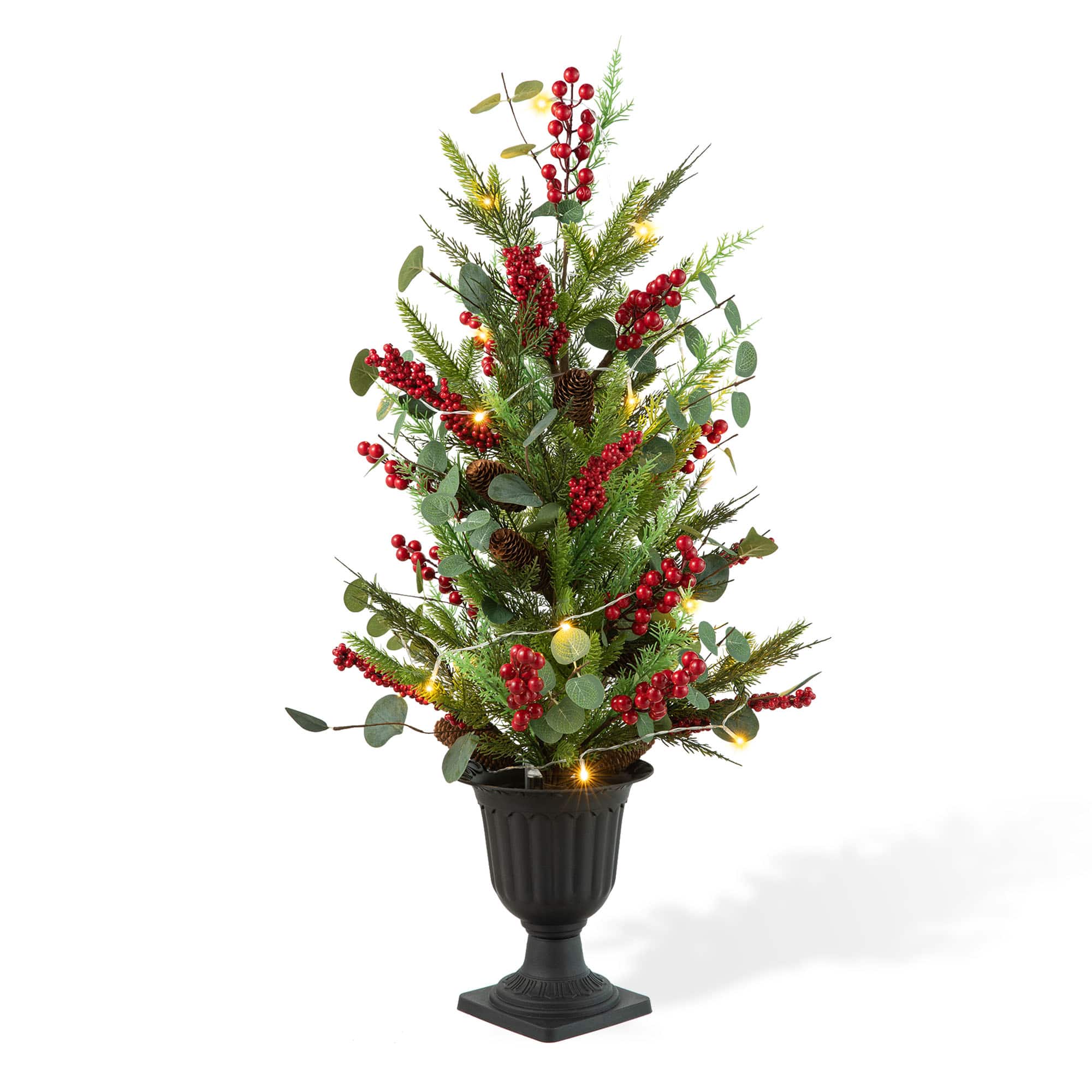 3ft. Pre-Lit Pine Needle &#x26; Eucalyptus Leaf Artificial Urn Christmas Porch Tree, Warm White LED Lights
