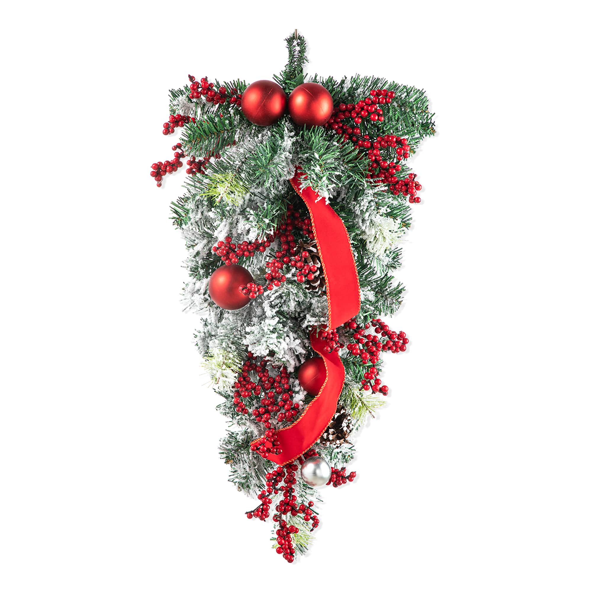 Glitzhome® 25" Flocked Berry, Ornament & Pinecone Ribbon Teardrop