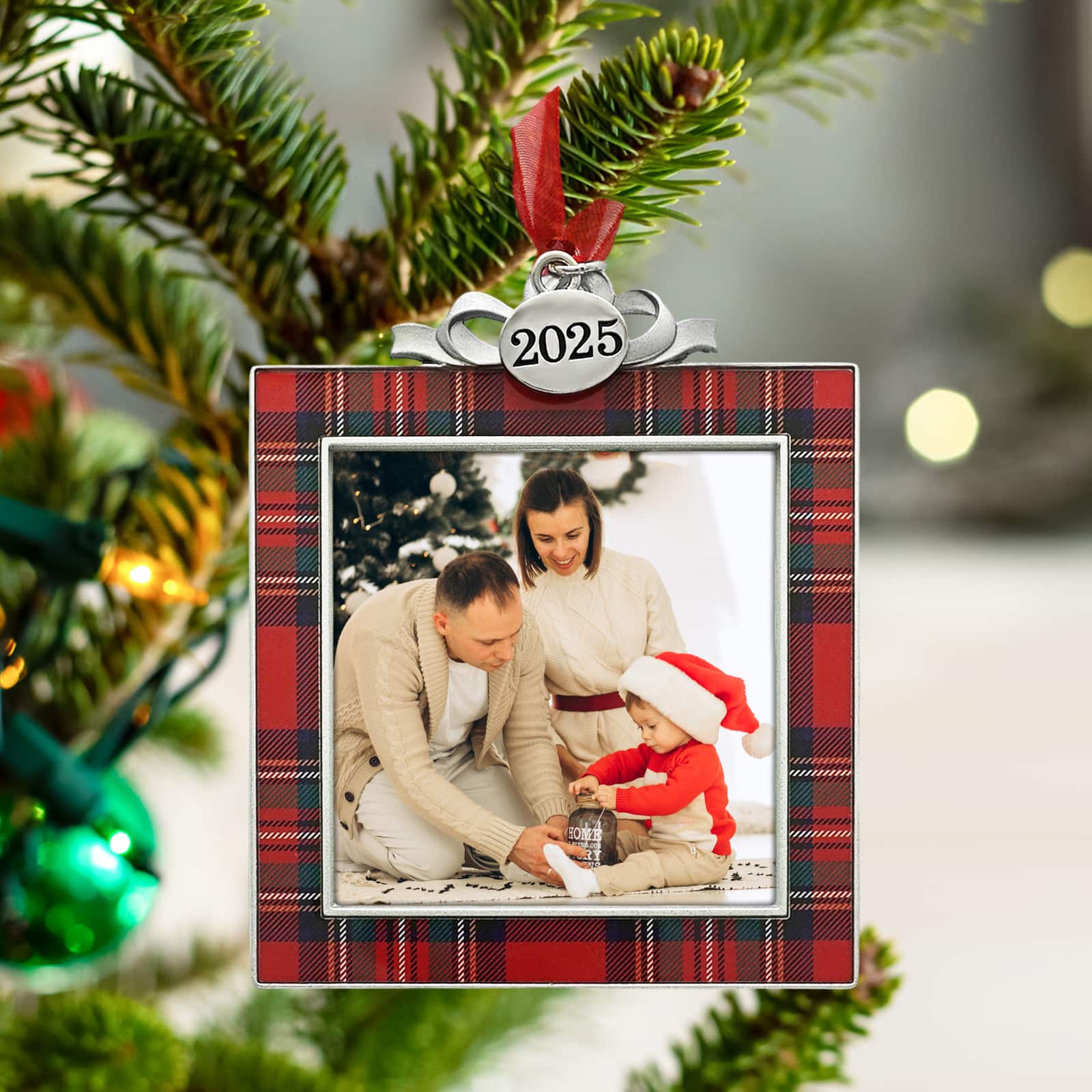 2.5&#x22; x 2.5&#x22; Red &#x26; Black Plaid with Silver Bow Metal Ornament Frame by Studio D&#xE9;cor&#xAE;
